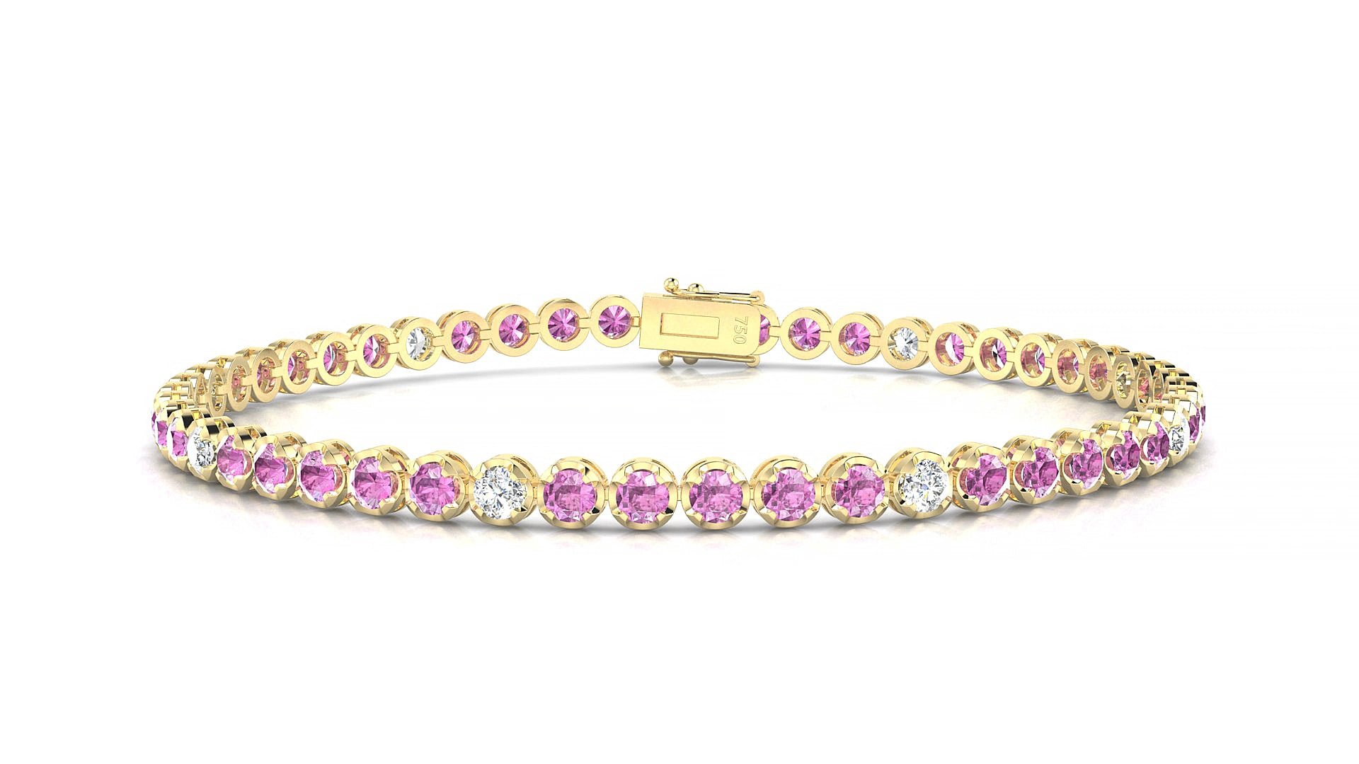 Bengal 5-1 | 18k Yellow Gold 2.5 mm Round Natural Pink Sapphire & Diamond 15 cm Tennis Bracelet