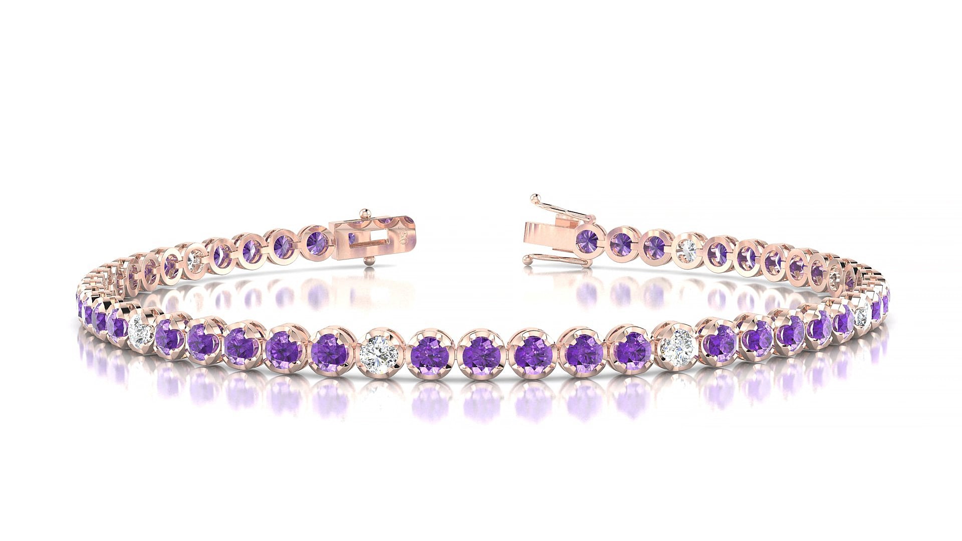 Bengal 5-1 | 18k Rose Gold 2.5 mm Round Natural Amethyst & Diamond 15 cm Tennis Bracelet