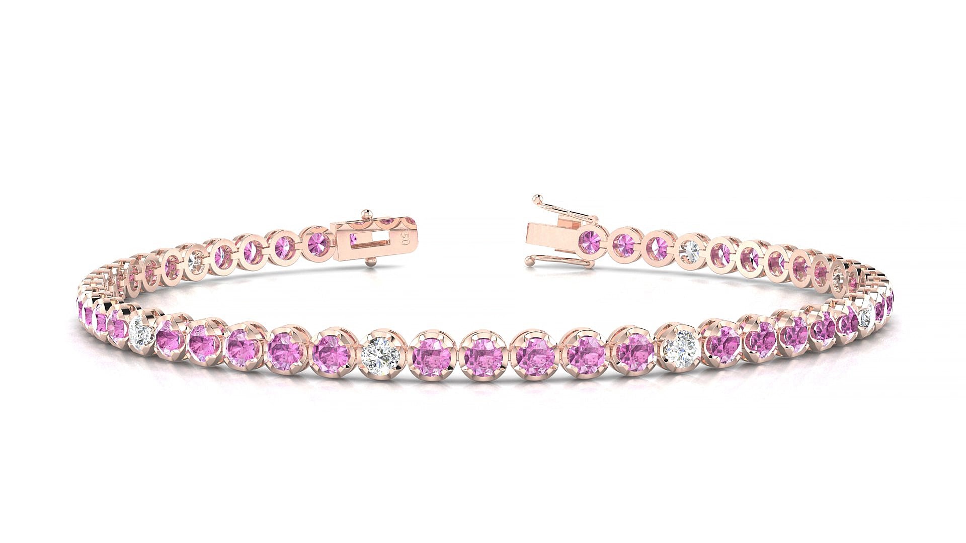 Bengal 5-1 | 18k Rose Gold 2.5 mm Round Natural Pink Sapphire & Diamond 15 cm Tennis Bracelet