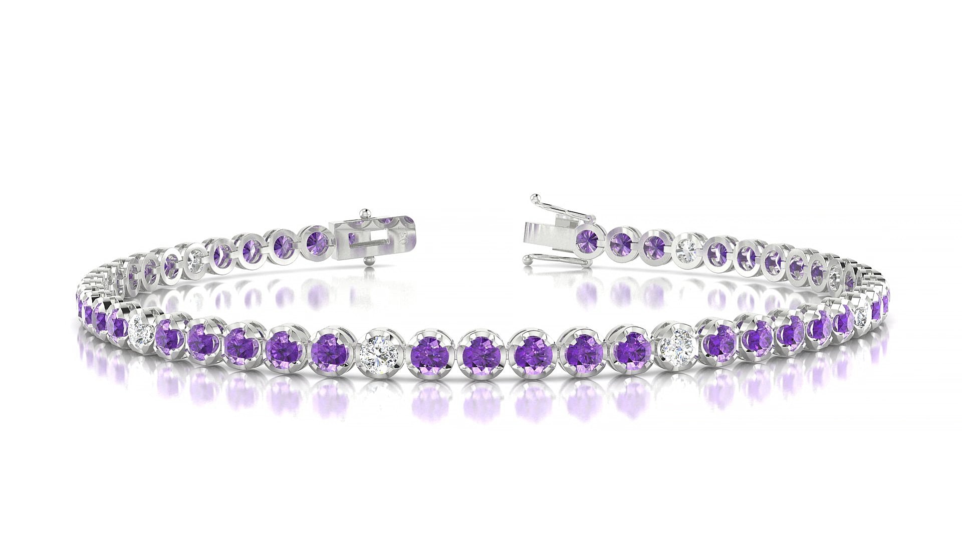 Bengal 5-1 | 18k White Gold 2.5 mm Round Natural Amethyst & Diamond 15 cm Tennis Bracelet