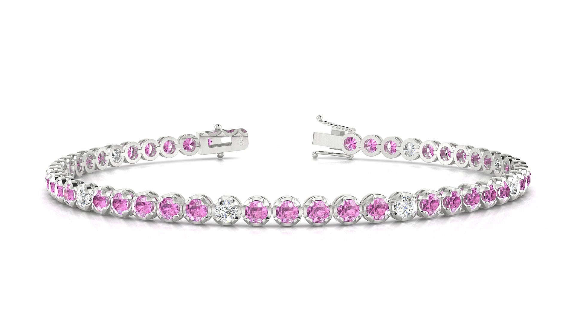 Bengal 5-1 | 18k White Gold 2.5 mm Round Natural Pink Sapphire & Diamond 15 cm Tennis Bracelet