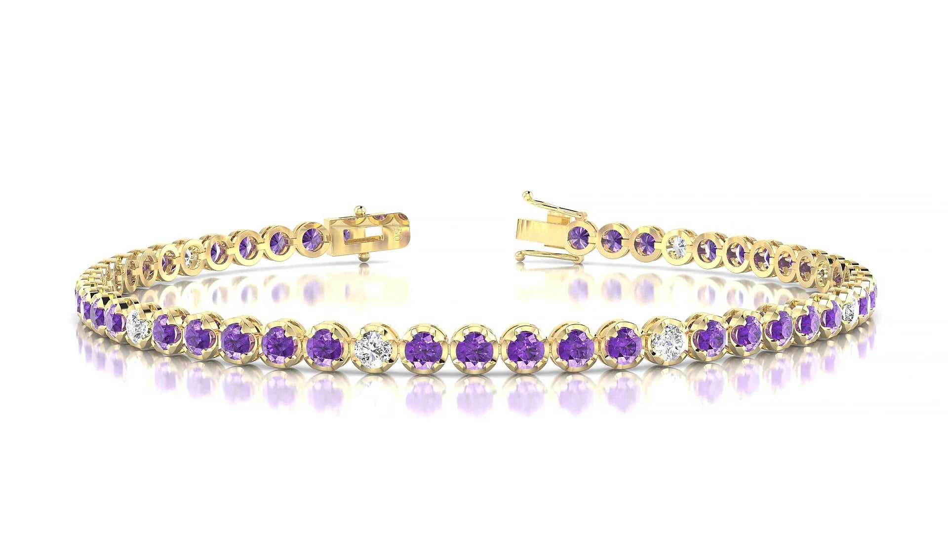 Bengal 5-1 | 18k Yellow Gold 2.5 mm Round Natural Amethyst & Diamond Tennis Bracelet