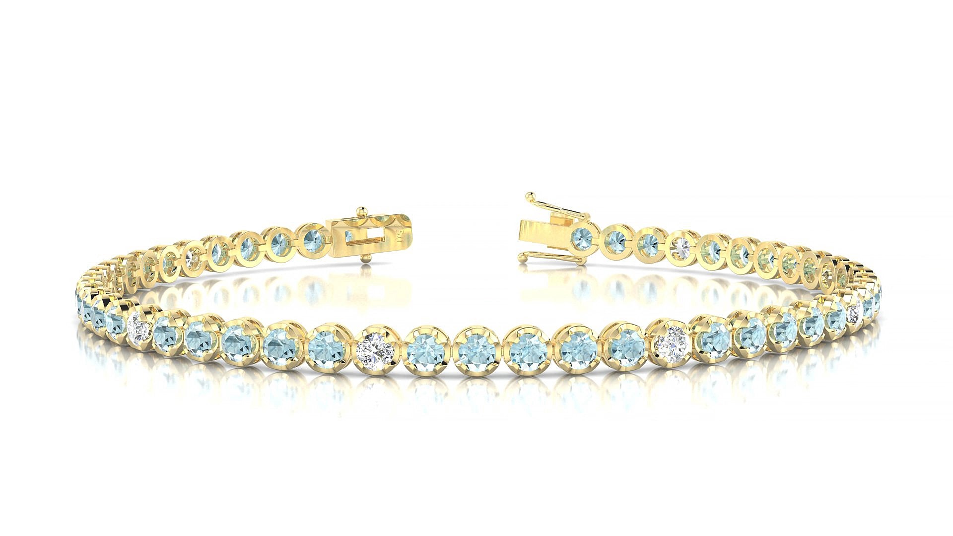 Bengal 5-1 | 18k Yellow Gold 2.5 mm Round Natural Aquamarine & Diamond 17 cm Tennis Bracelet