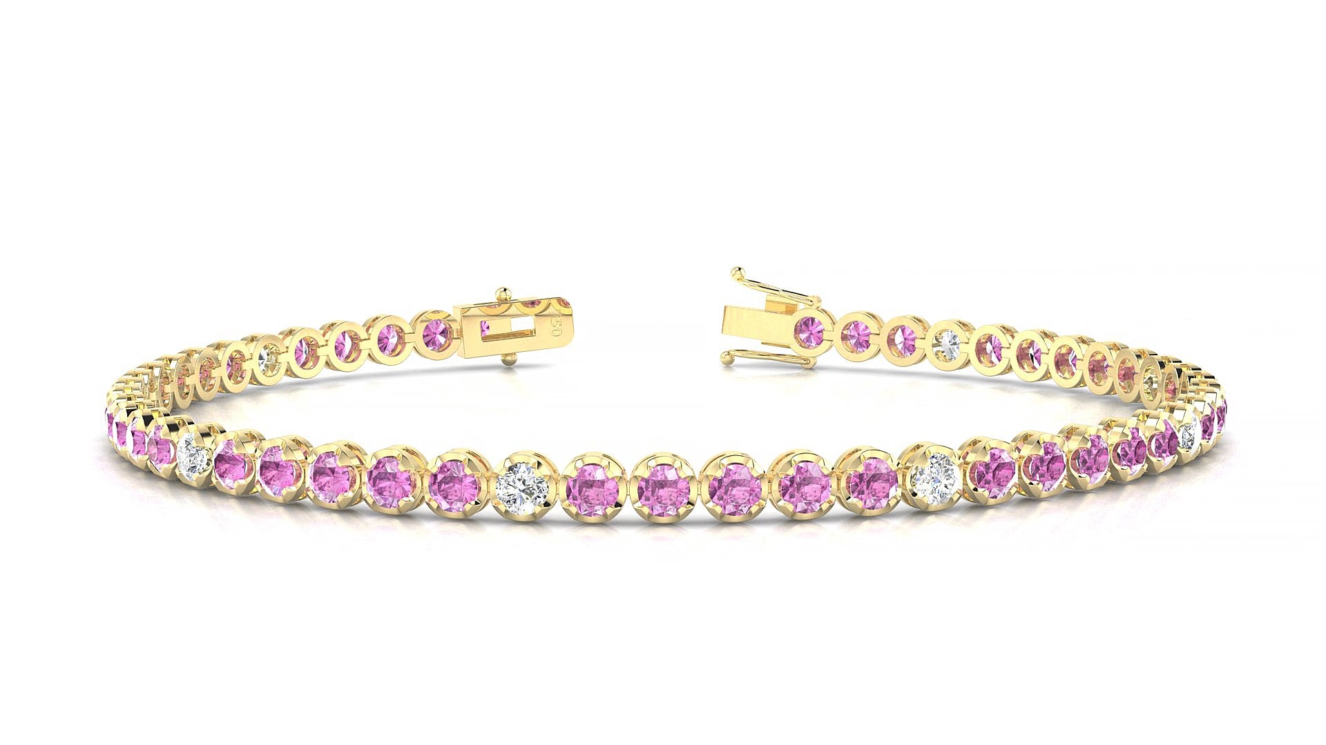 Bengal 5-1 | 18k Yellow Gold 2.5 mm Round Natural Pink Sapphire & Diamond 17 cm Tennis Bracelet