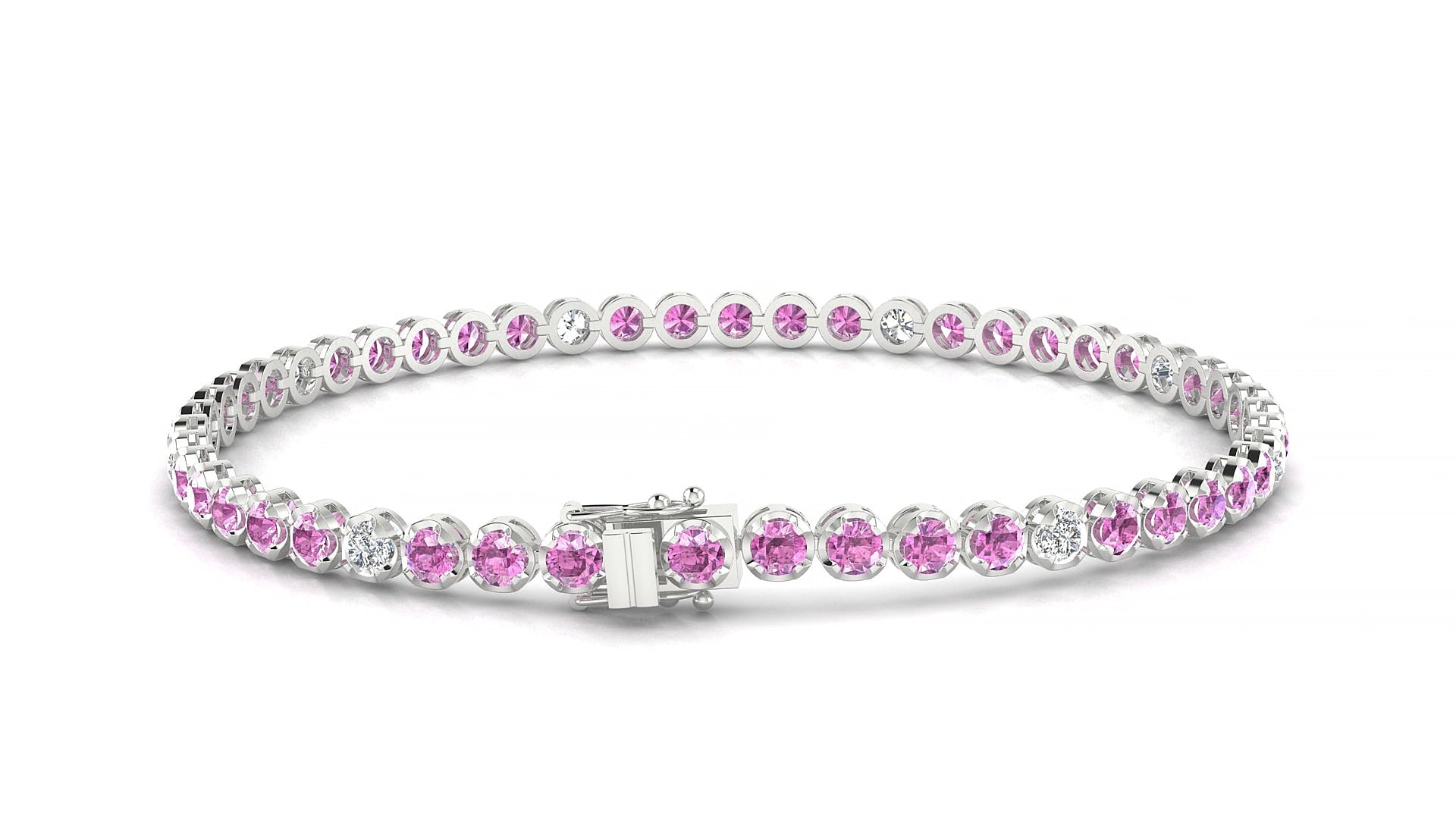 Bengal 5-1 | 18k White Gold 2.5 mm Round Natural Pink Sapphire & Diamond 15 cm Tennis Bracelet