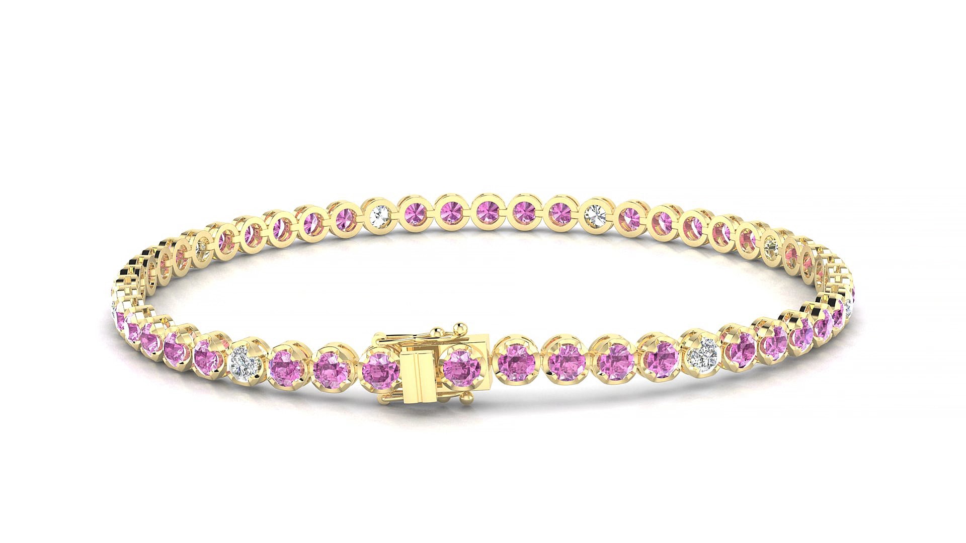 Bengal 5-1 | 18k Yellow Gold 2.5 mm Round Natural Pink Sapphire & Diamond 15 cm Tennis Bracelet