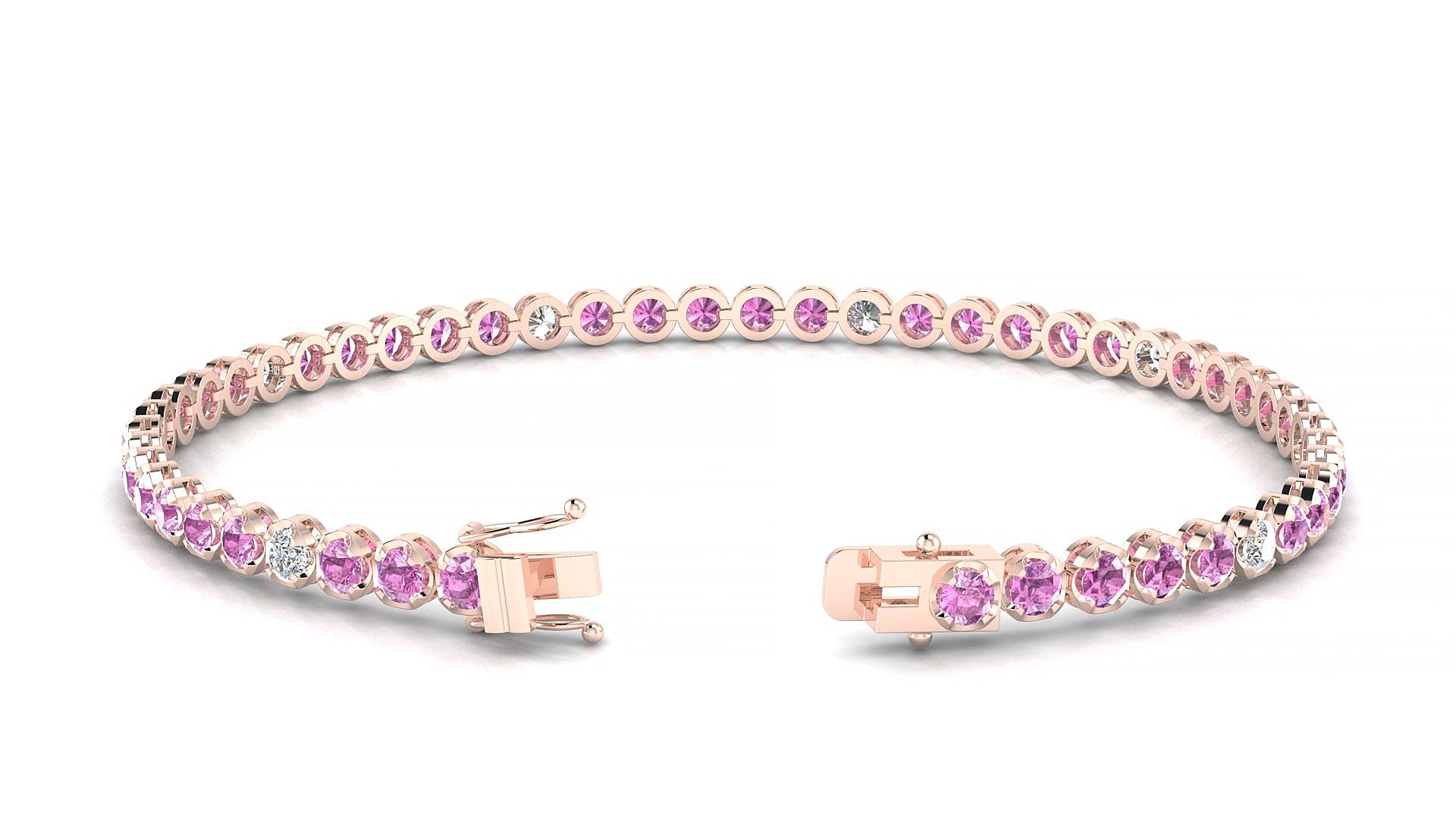 Bengal 5-1 | 18k Rose Gold 2.5 mm Round Natural Pink Sapphire & Diamond 17 cm Tennis Bracelet