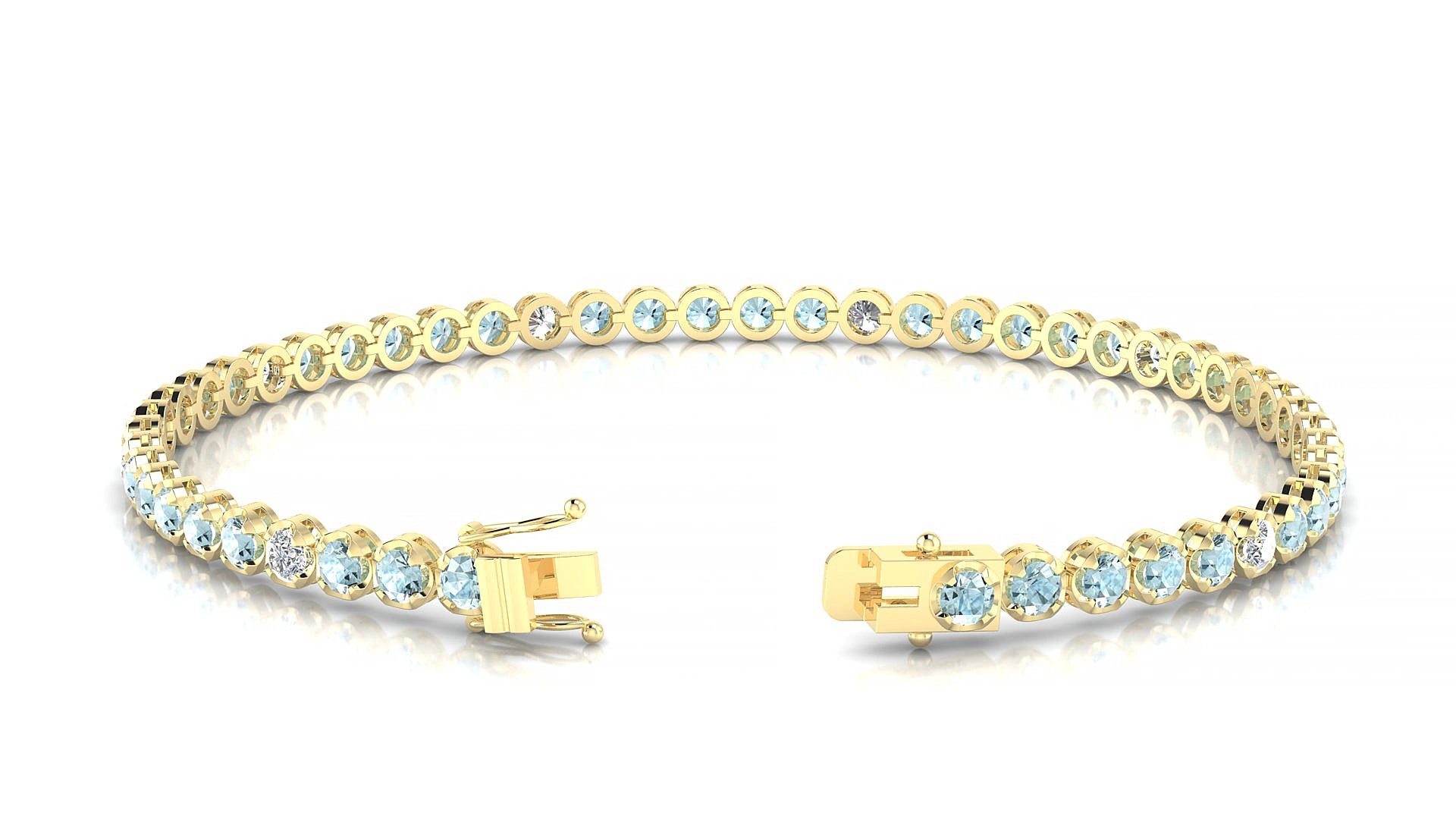 Bengal 5-1 | 18k Yellow Gold 2.5 mm Round Natural Aquamarine & Diamond 18 cm Tennis Bracelet