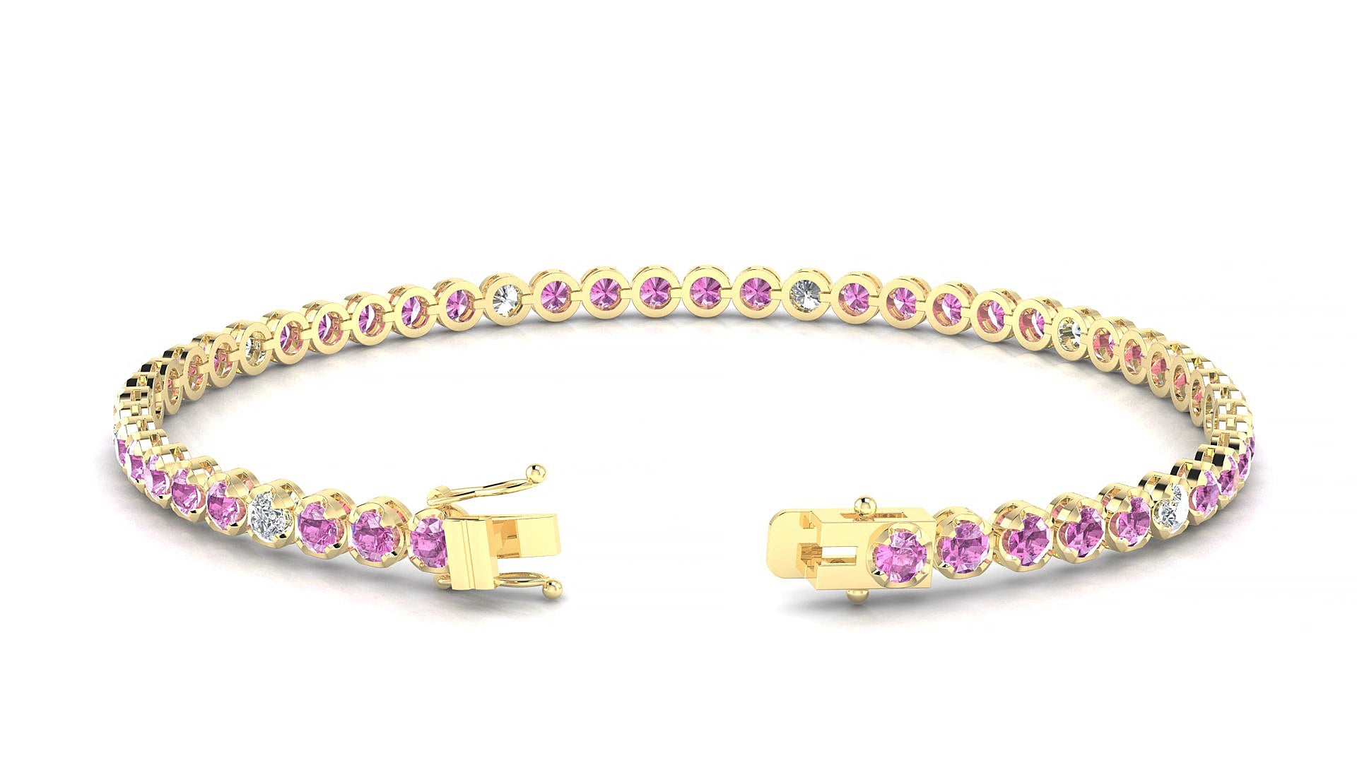 Bengal 5-1 | 18k Yellow Gold 2.5 mm Round Natural Pink Sapphire & Diamond 15 cm Tennis Bracelet