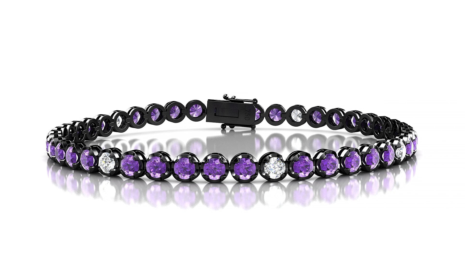 Bengal 5-1 | 18k Black Gold 3 mm Round Natural Amethyst & Diamond 18 cm Tennis Bracelet