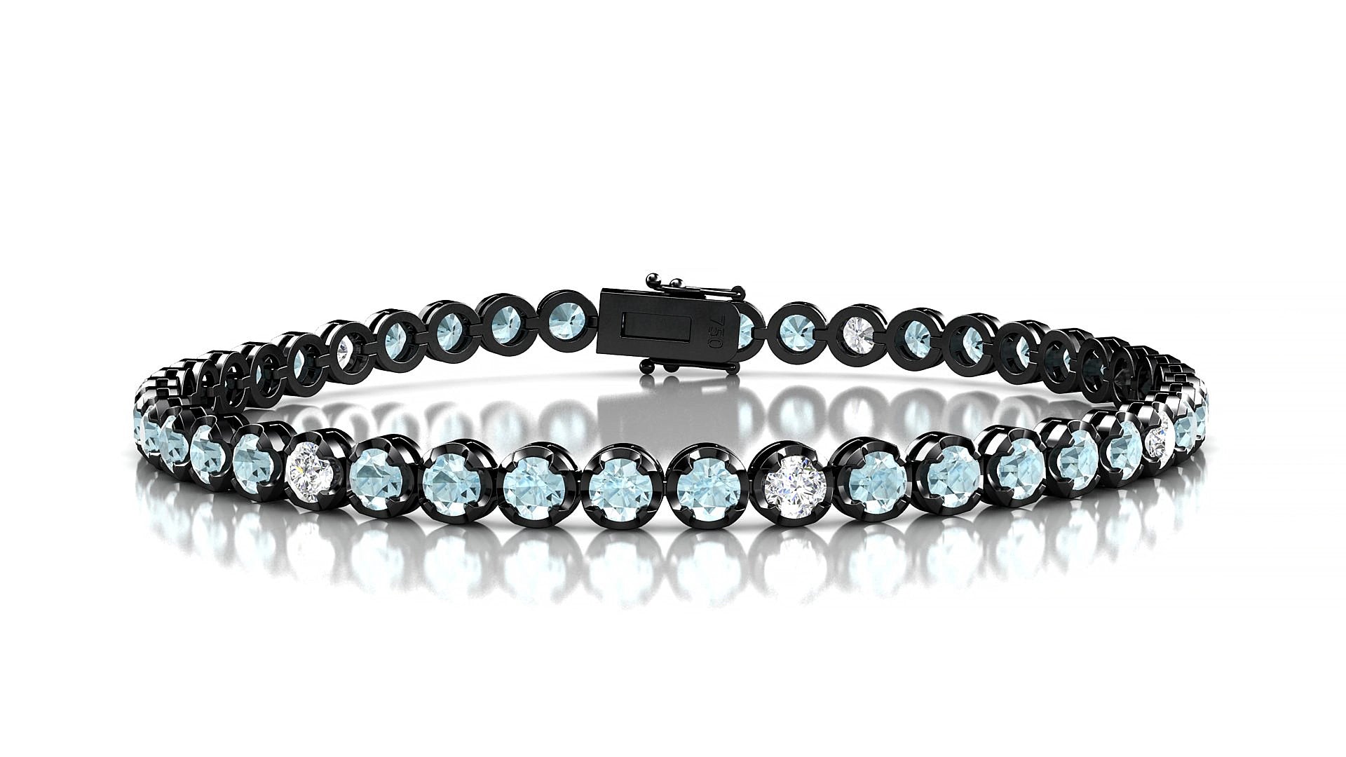 Bengal 5-1 | 18k Black Gold 3 mm Round Natural Aquamarine & Diamond 15 cm Tennis Bracelet