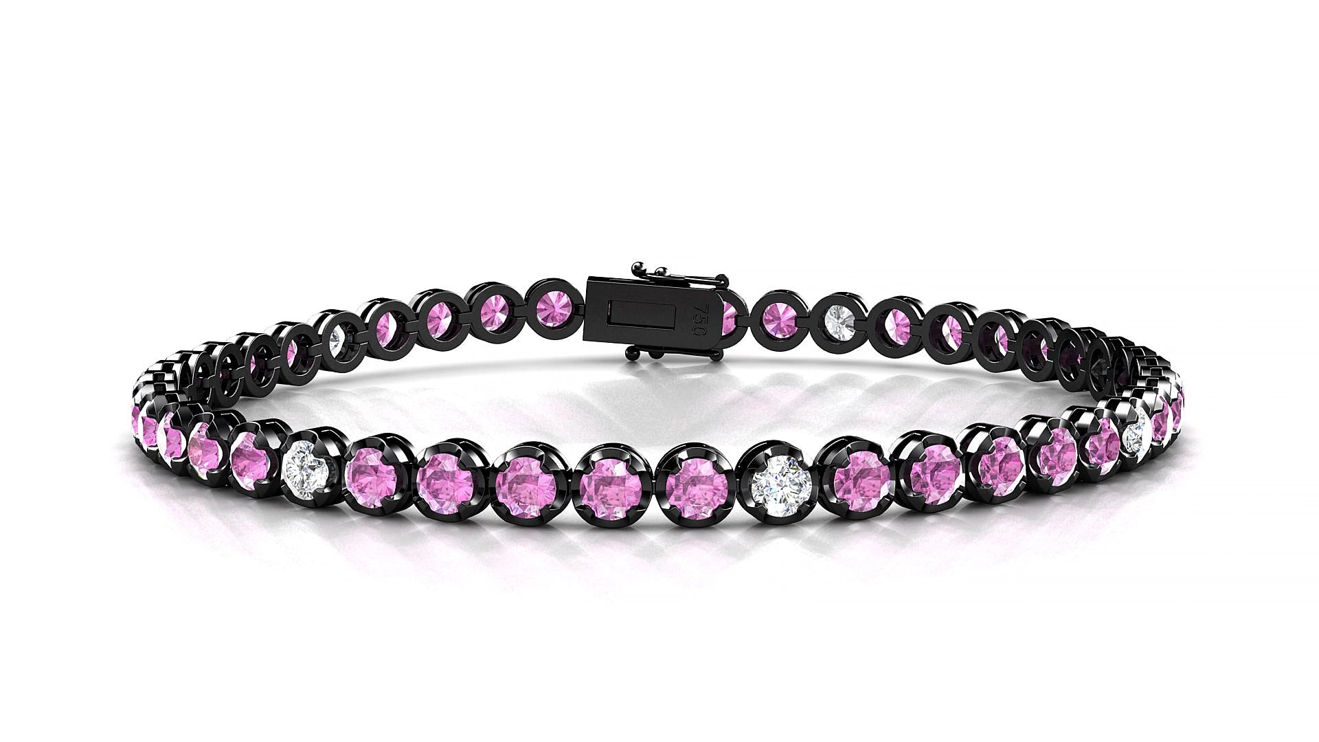 Bengal 5-1 | 18k Black Gold 3 mm Round Natural Pink Sapphire & Diamond 15 cm Tennis Bracelet