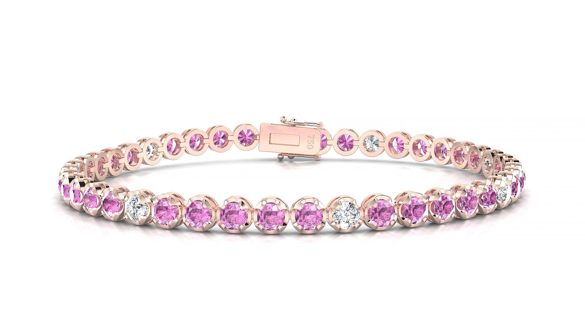 Bengal 5-1 | 18k Rose Gold 3 mm Round Natural Pink Sapphire & Diamond 15 cm Tennis Bracelet