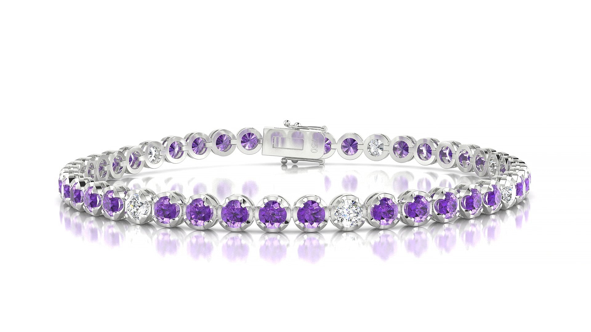 Bengal 5-1 | 18k White Gold 3 mm Round Natural Amethyst & Diamond 16 cm Tennis Bracelet