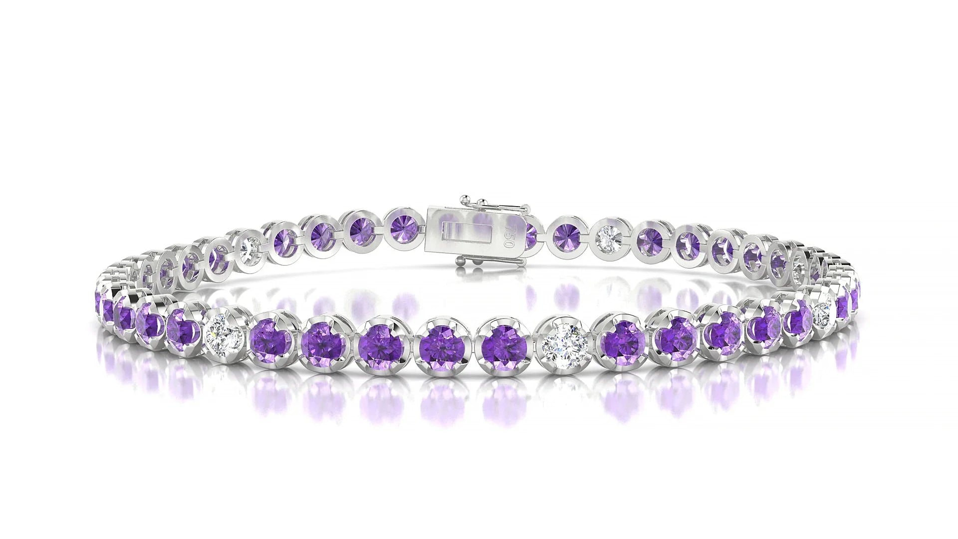 Bengal 5-1 | 18k White Gold 3 mm Round Natural Amethyst & Diamond Tennis Bracelet