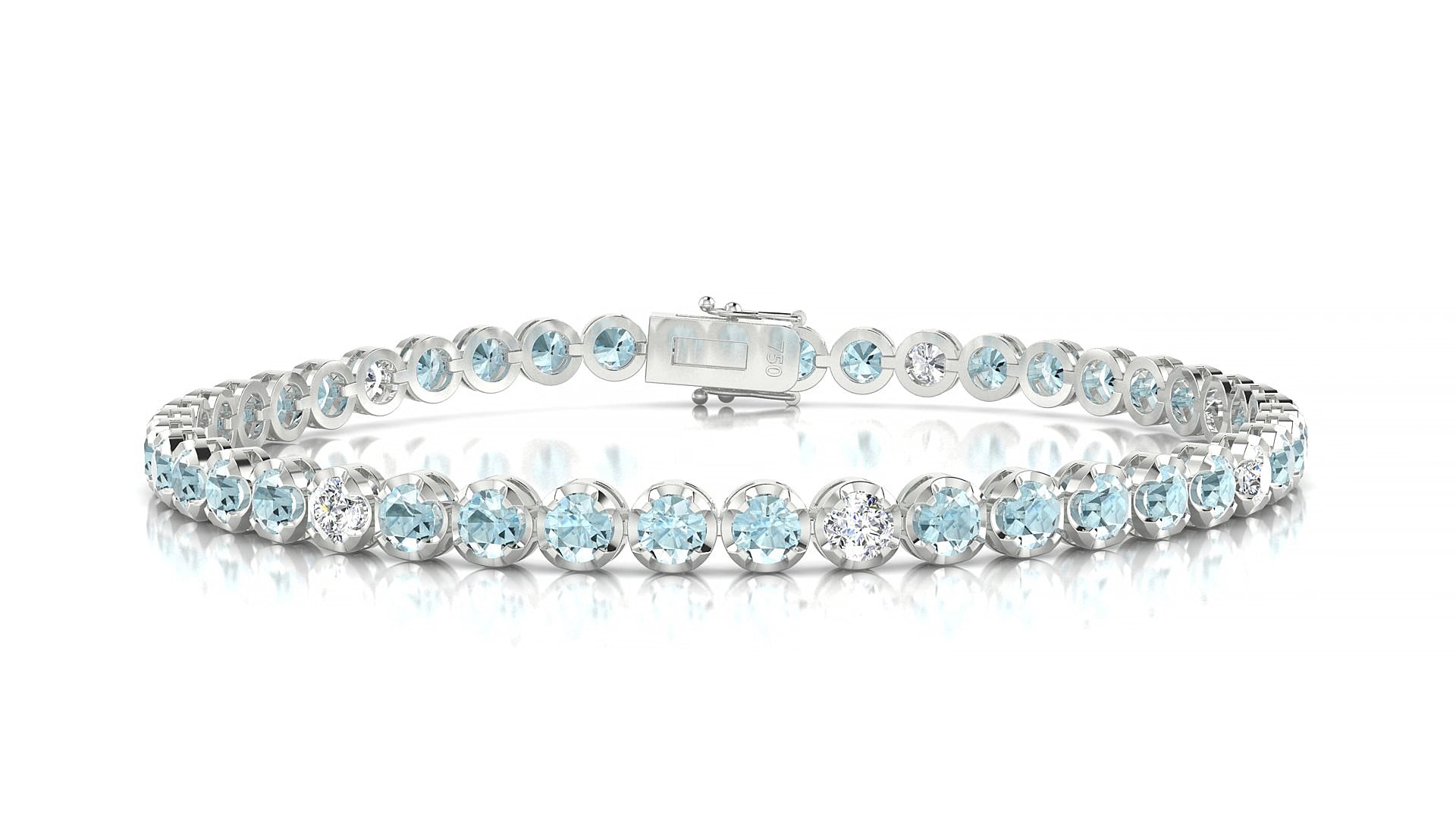 Bengal 5-1 | 18k White Gold 3 mm Round Natural Aquamarine & Diamond 17 cm Tennis Bracelet