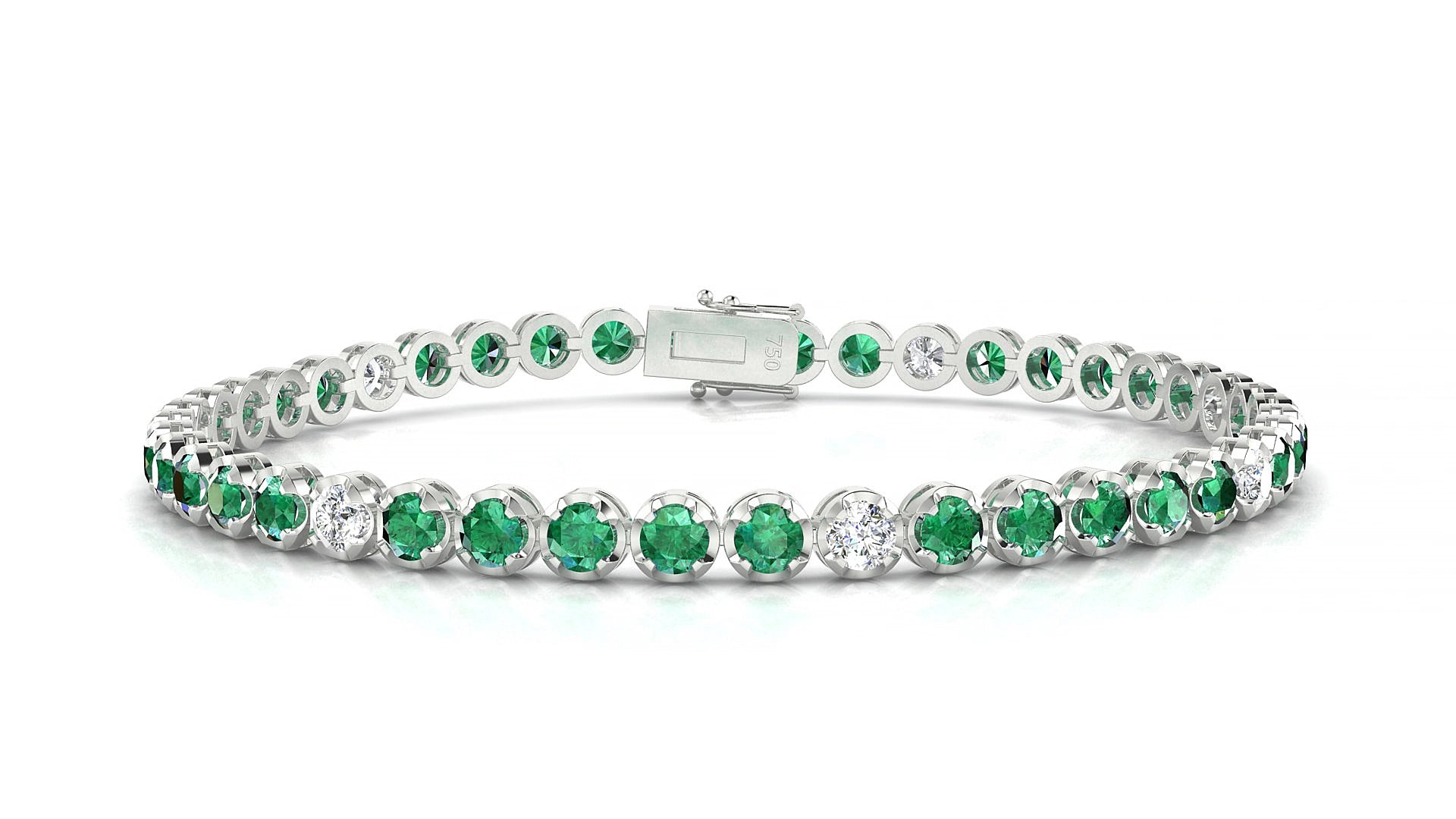 Bengal 5-1 | 18k White Gold 3 mm Round Natural Emerald & Diamond 19 cm Tennis Bracelet
