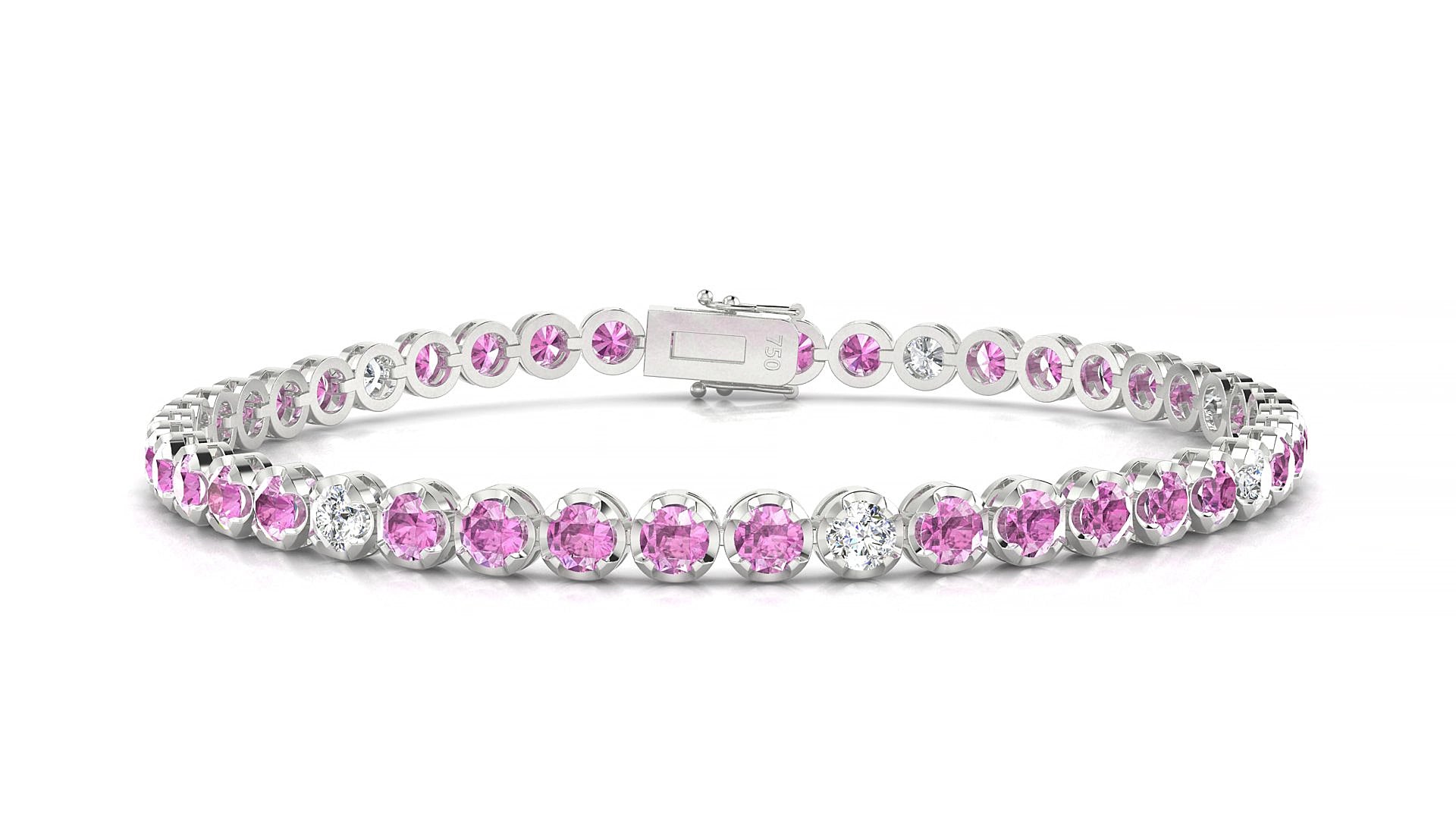 Bengal 5-1 | 18k White Gold 3 mm Round Natural Pink Sapphire & Diamond 15 cm Tennis Bracelet