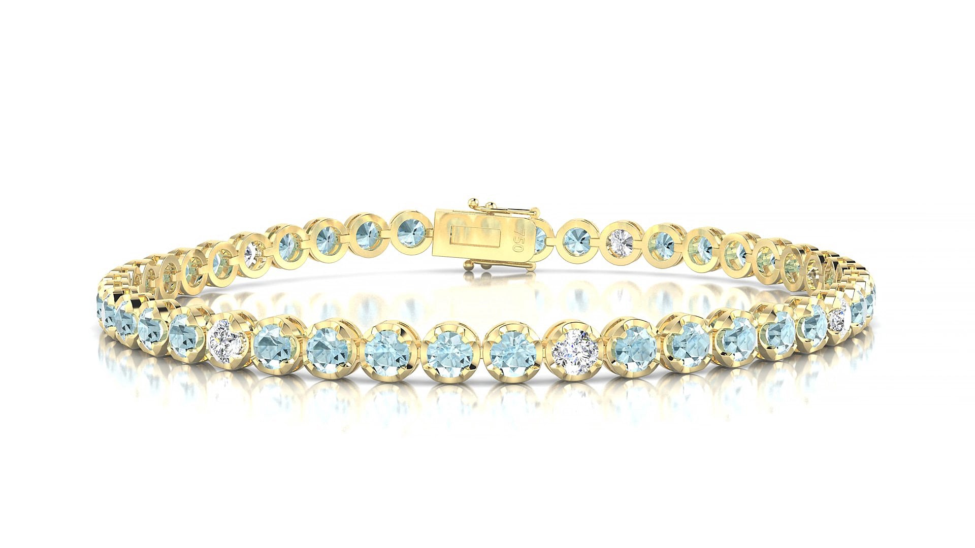 Bengal 5-1 | 18k Yellow Gold 3 mm Round Natural Aquamarine & Diamond 18 cm Tennis Bracelet