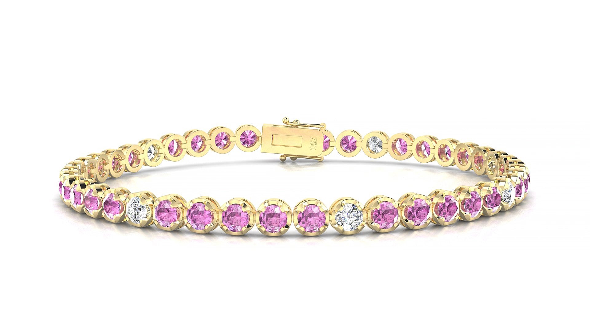 Bengal 5-1 | 18k Yellow Gold 3 mm Round Natural Pink Sapphire & Diamond 15 cm Tennis Bracelet