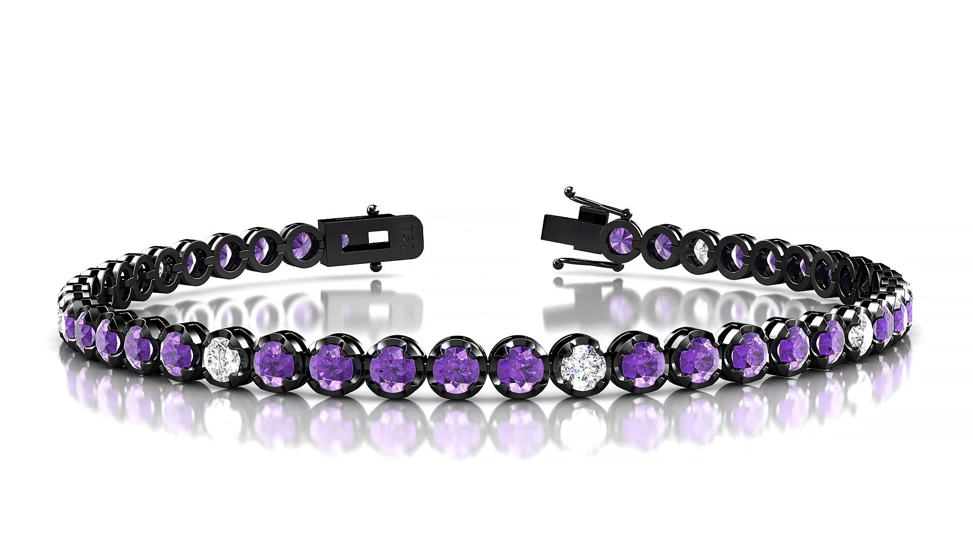 Bengal 5-1 | 18k Black Gold 3 mm Round Natural Amethyst & Diamond 17 cm Tennis Bracelet