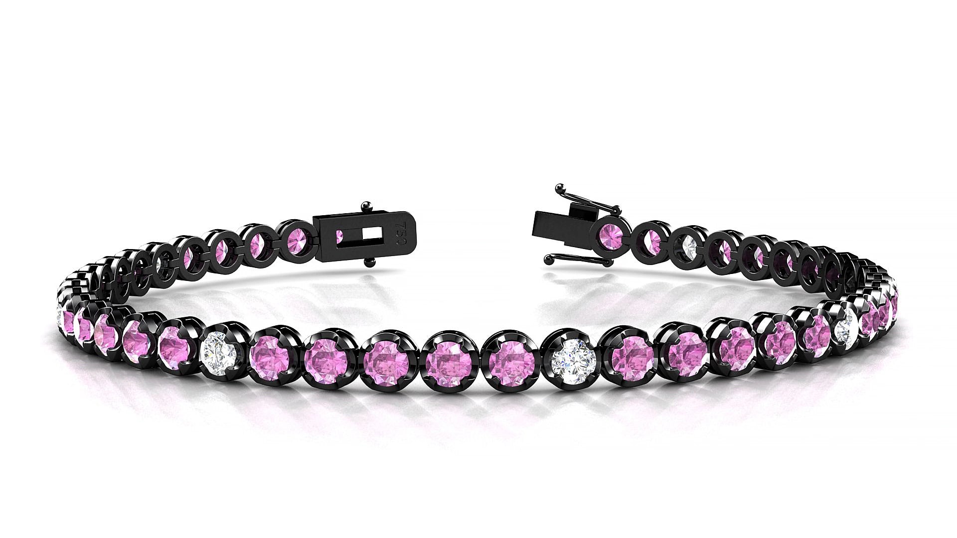 Bengal 5-1 | 18k Black Gold 3 mm Round Natural Pink Sapphire & Diamond 17 cm Tennis Bracelet