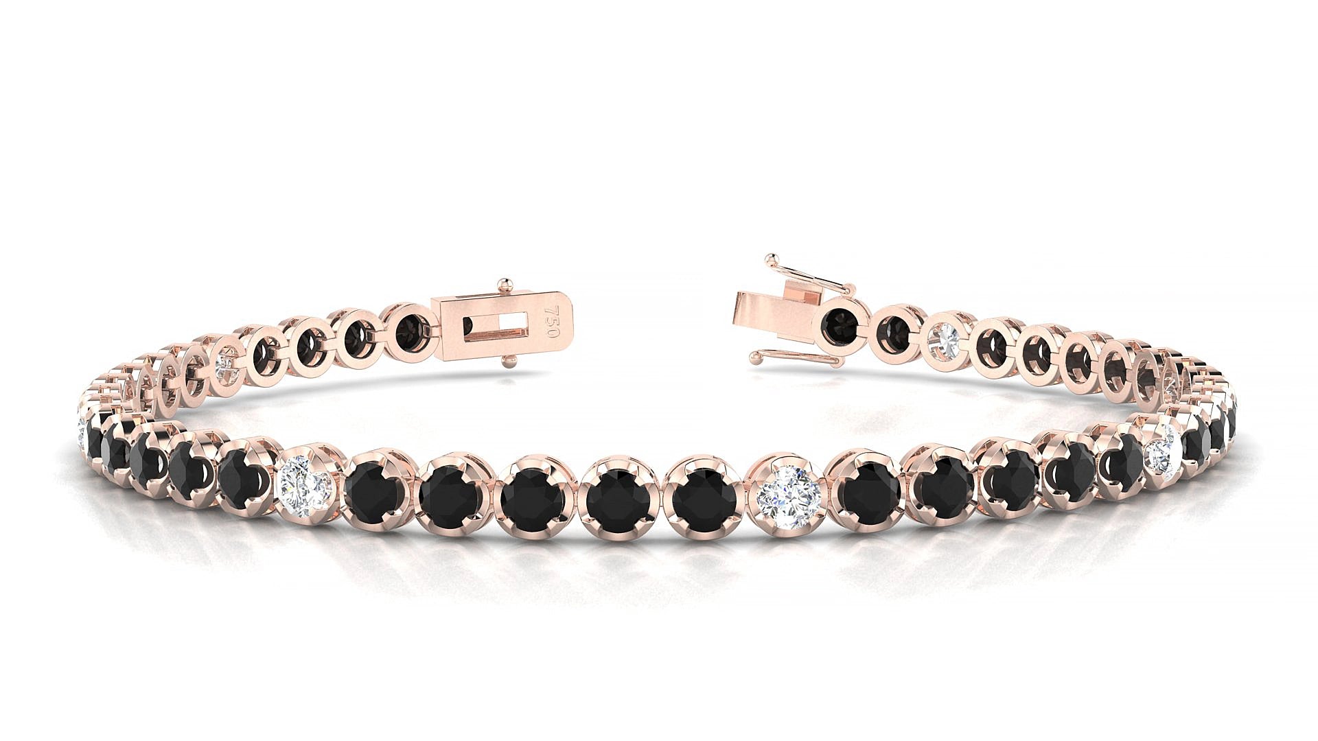 Bengal 5-1 | 18k Rose Gold 3 mm Round Natural Black Diamond & Diamond 18 cm Tennis Bracelet