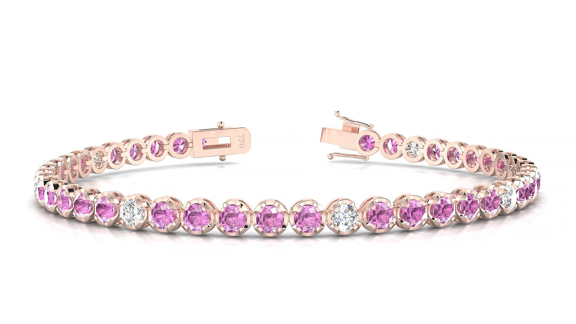 Bengal 5-1 | 18k Rose Gold 3 mm Round Natural Pink Sapphire & Diamond 15 cm Tennis Bracelet