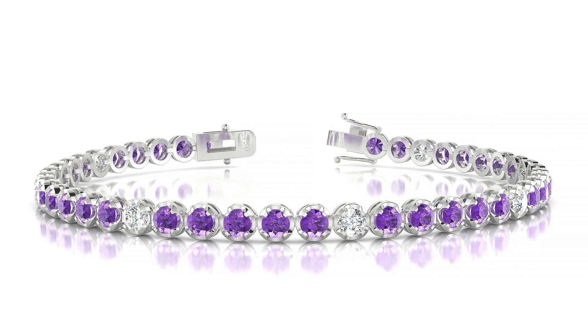 Bengal 5-1 | 18k White Gold 3 mm Round Natural Amethyst & Diamond 15 cm Tennis Bracelet