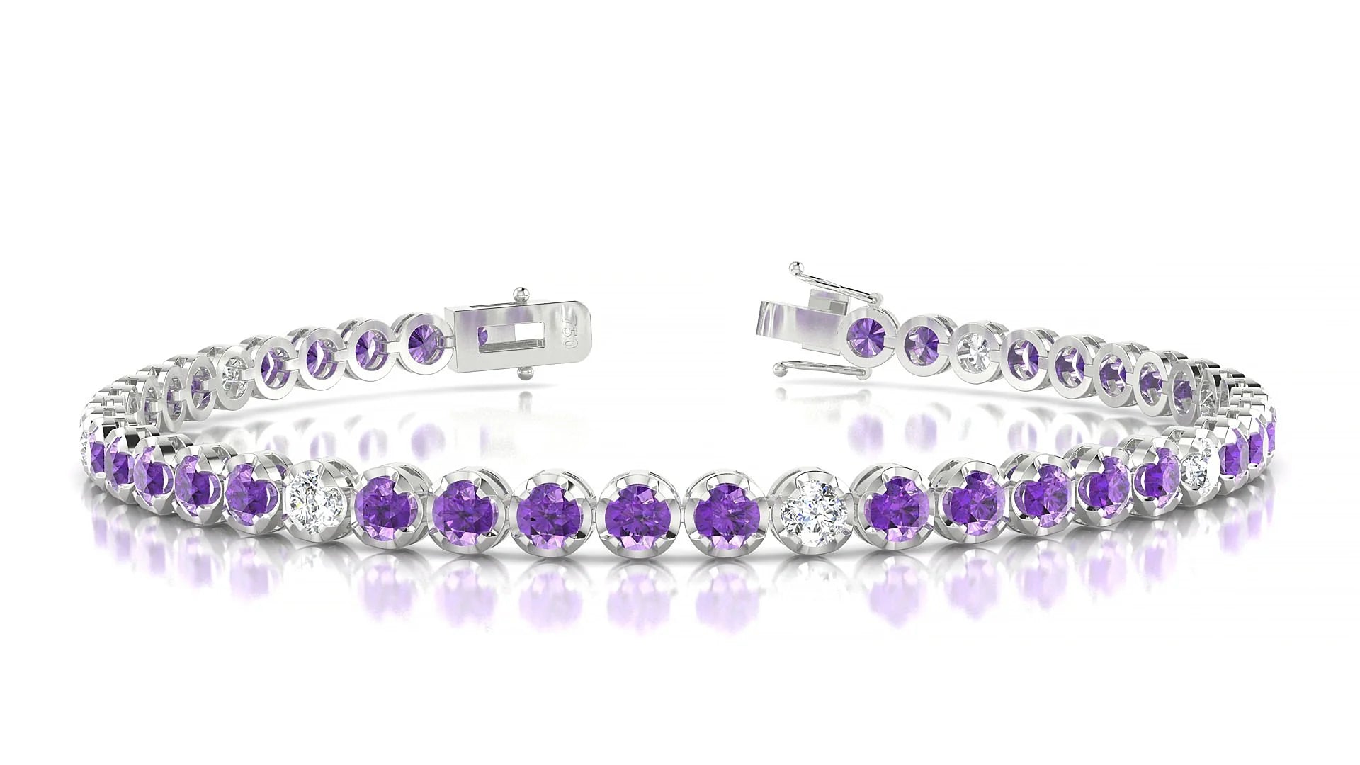 Bengal 5-1 | 18k White Gold 3 mm Round Natural Amethyst & Diamond Tennis Bracelet