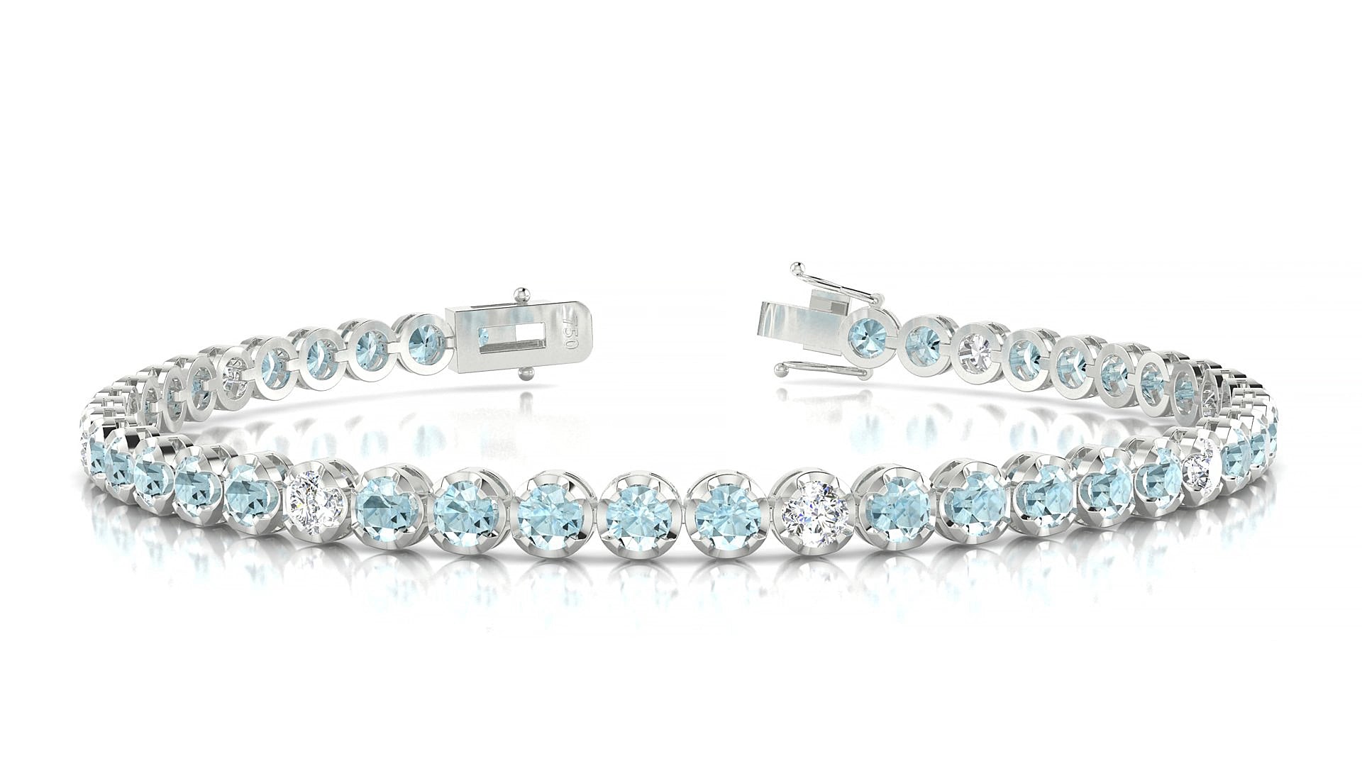 Bengal 5-1 | 18k White Gold 3 mm Round Natural Aquamarine & Diamond 17 cm Tennis Bracelet