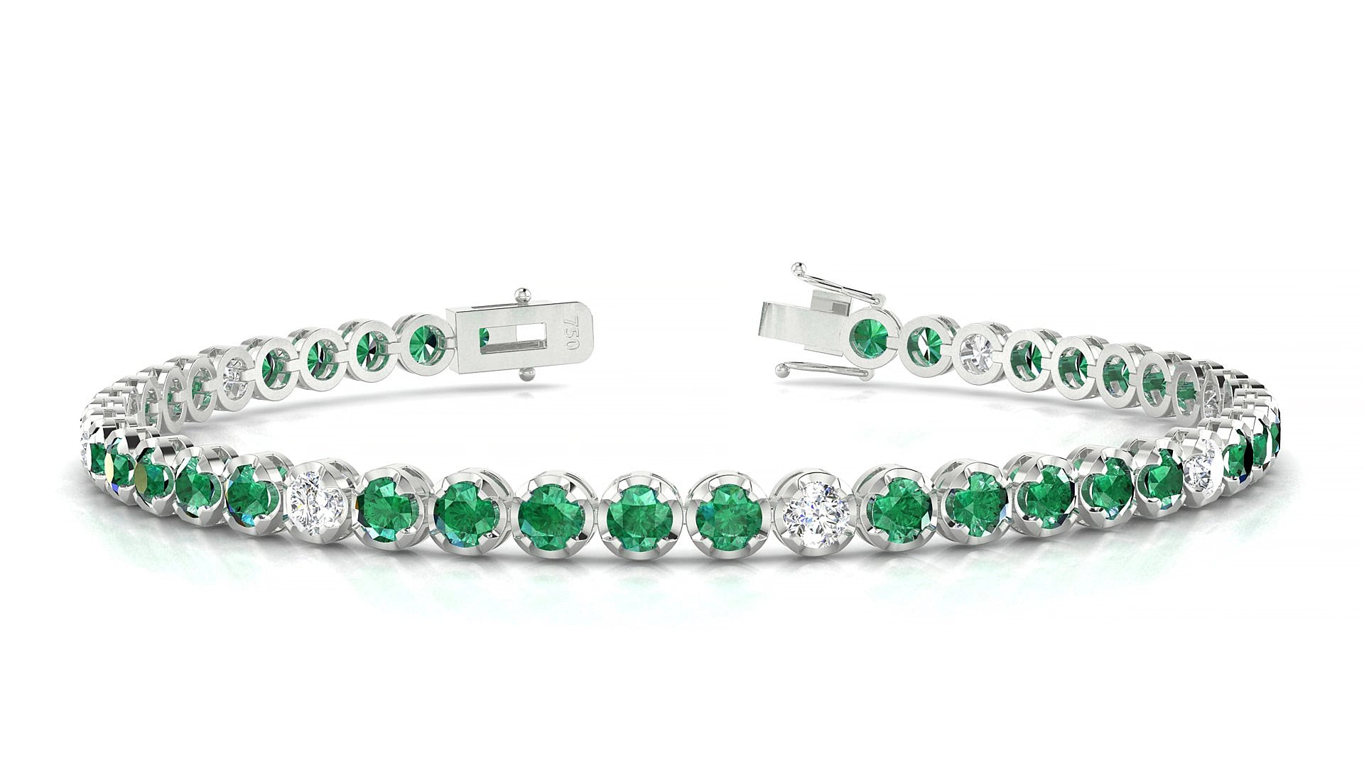 Bengal 5-1 | 18k White Gold 3 mm Round Natural Emerald & Diamond 15 cm Tennis Bracelet