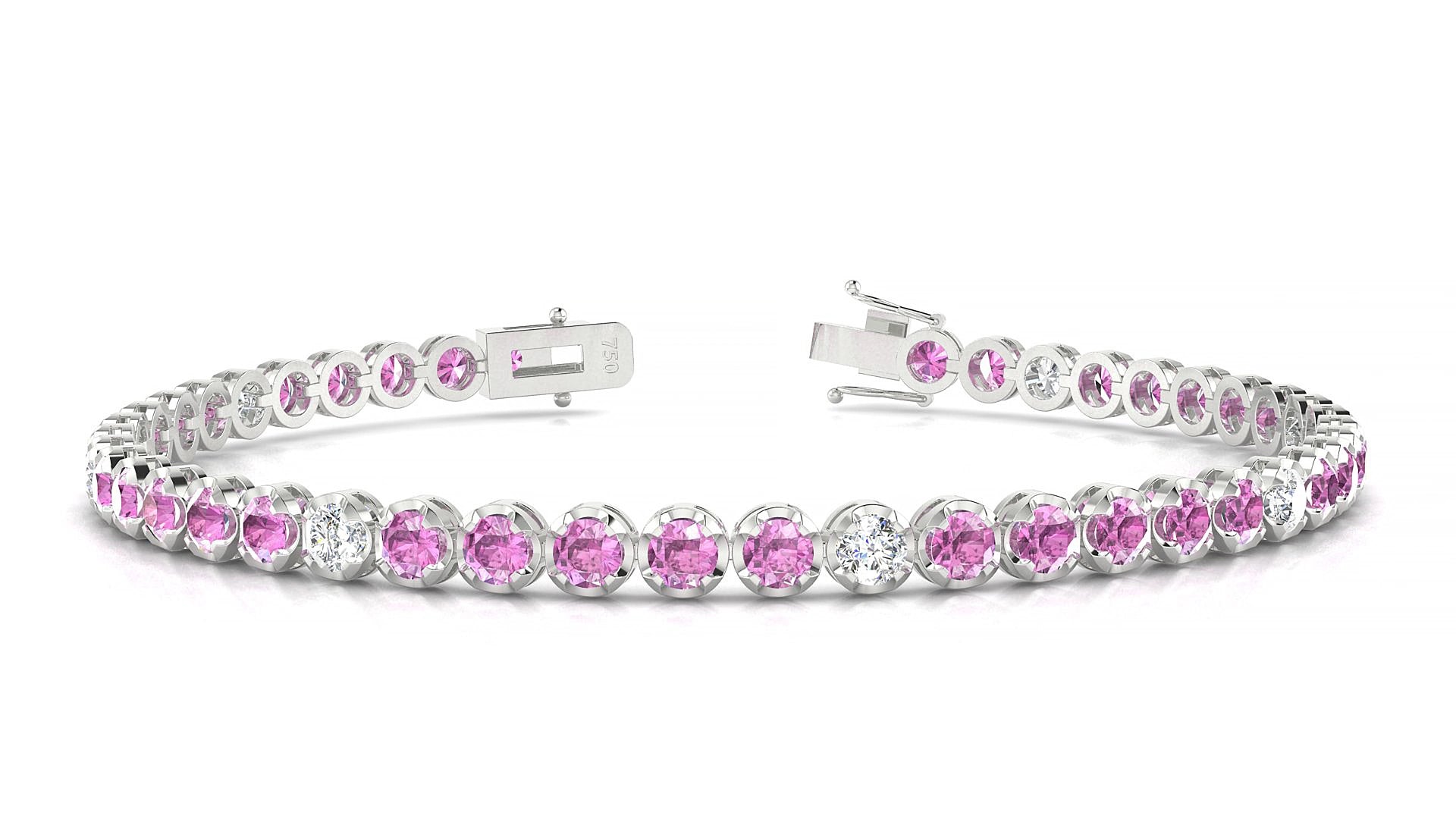 Bengal 5-1 | 18k White Gold 3 mm Round Natural Pink Sapphire & Diamond 15 cm Tennis Bracelet