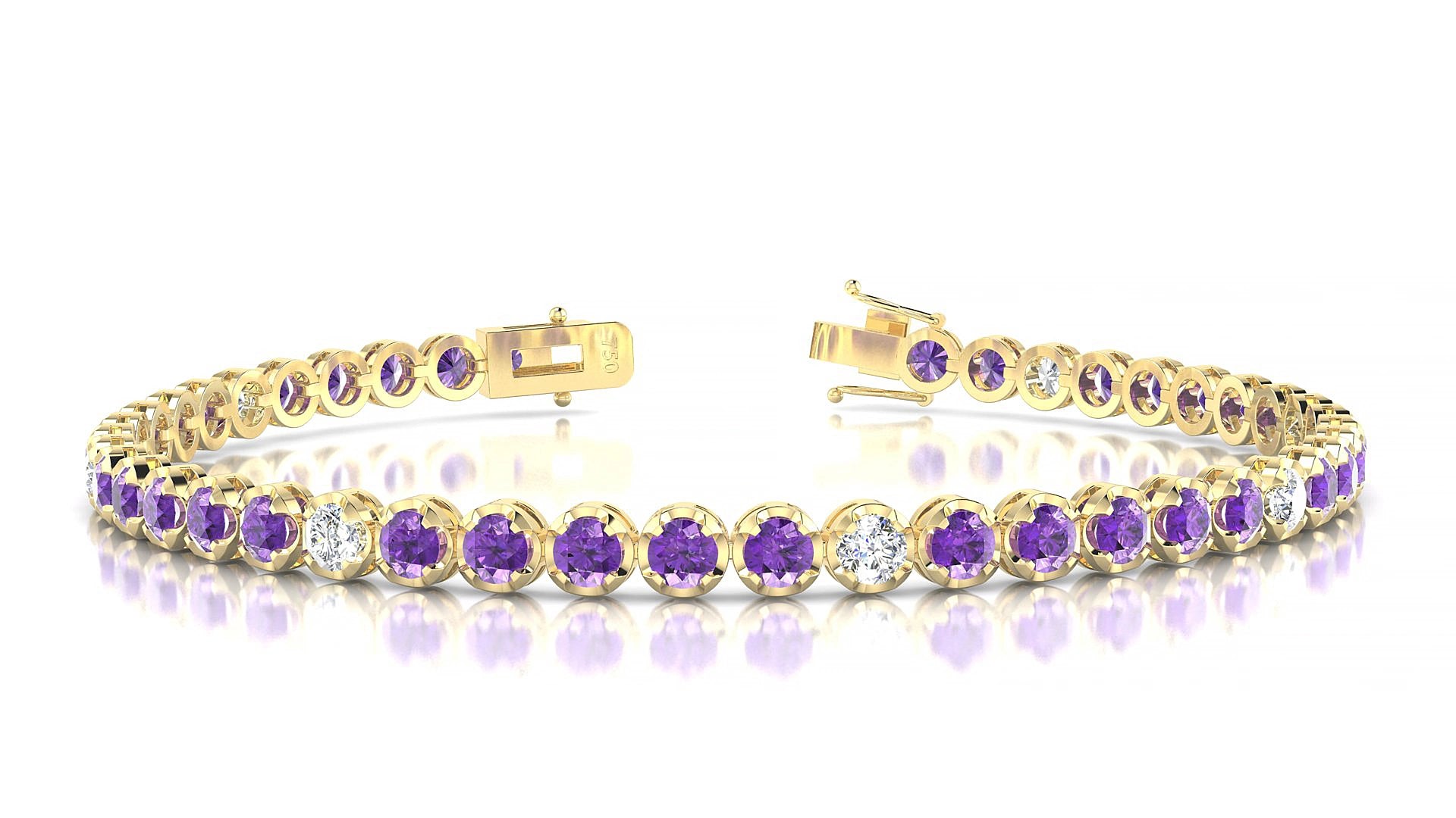 Bengal 5-1 | 18k Yellow Gold 3 mm Round Natural Amethyst & Diamond 15 cm Tennis Bracelet