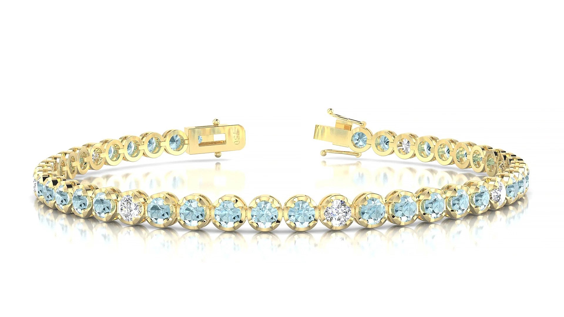 Bengal 5-1 | 18k Yellow Gold 3 mm Round Natural Aquamarine & Diamond Tennis Bracelet