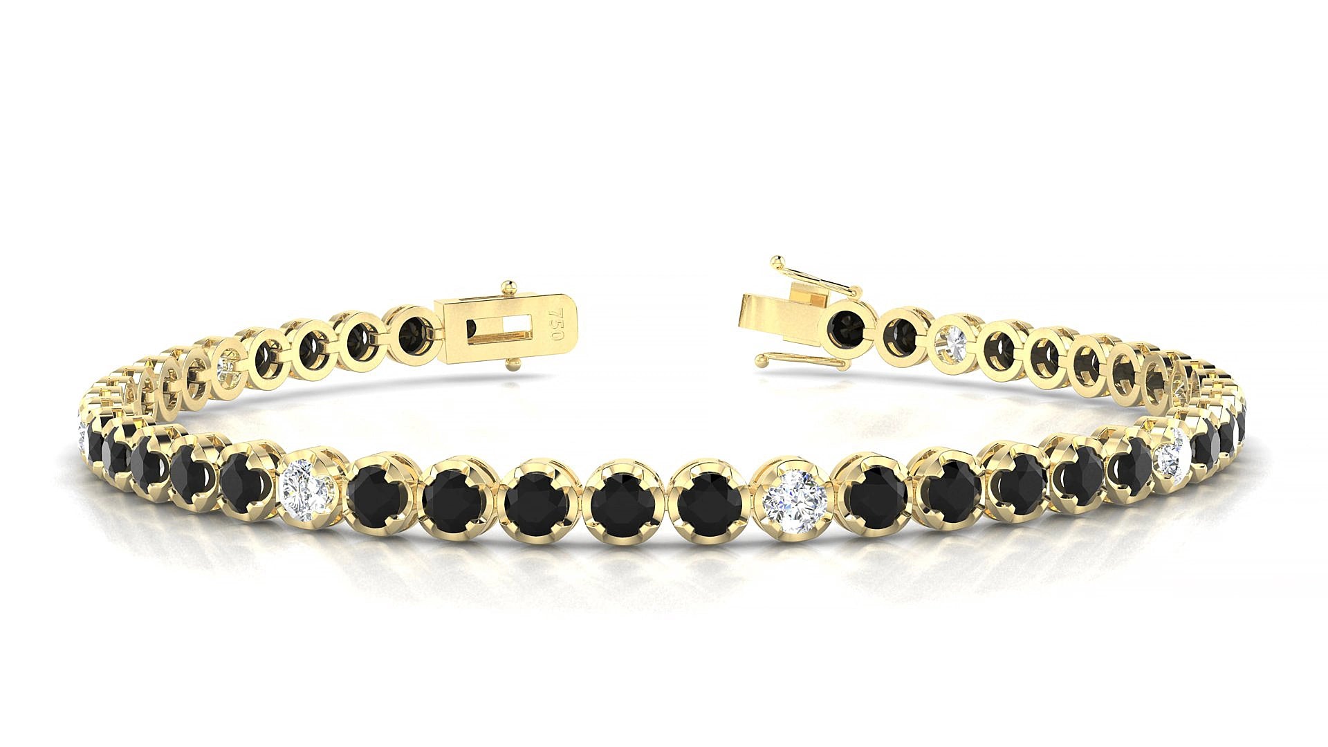 Bengal 5-1 | 18k Yellow Gold 3 mm Round Natural Black Diamond & Diamond 18 cm Tennis Bracelet