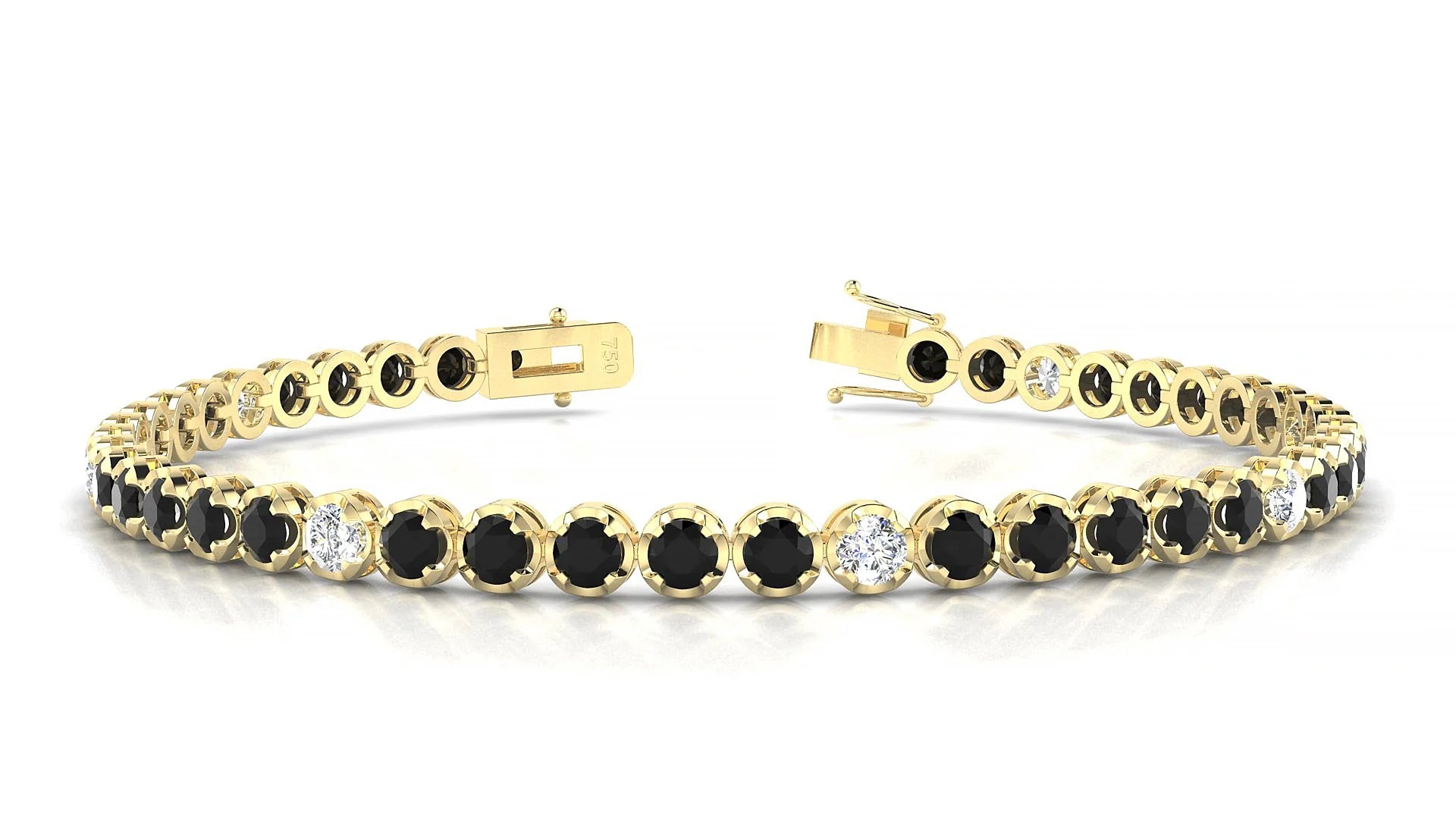 Bengal 5-1 | 18k Yellow Gold 3 mm Round Natural Black Diamond & Diamond Tennis Bracelet