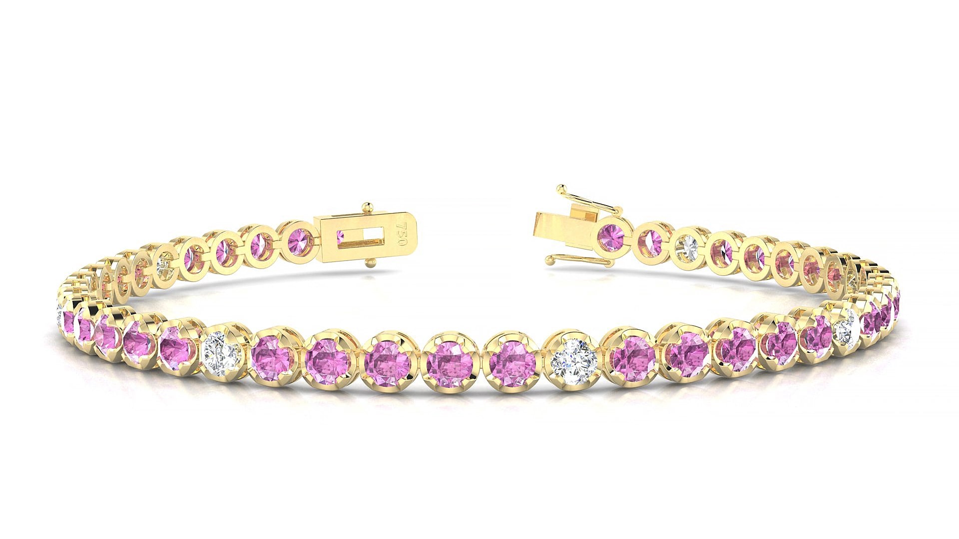 Bengal 5-1 | 18k Yellow Gold 3 mm Round Natural Pink Sapphire & Diamond 15 cm Tennis Bracelet