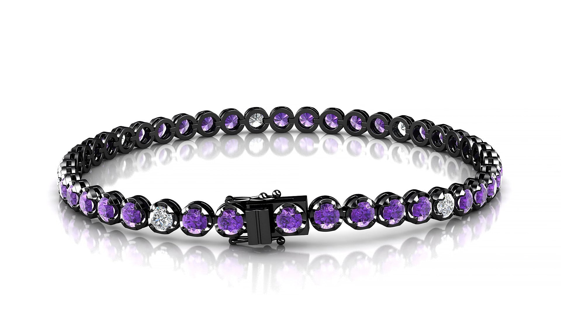 Bengal 5-1 | 18k Black Gold 3 mm Round Natural Amethyst & Diamond 19 cm Tennis Bracelet