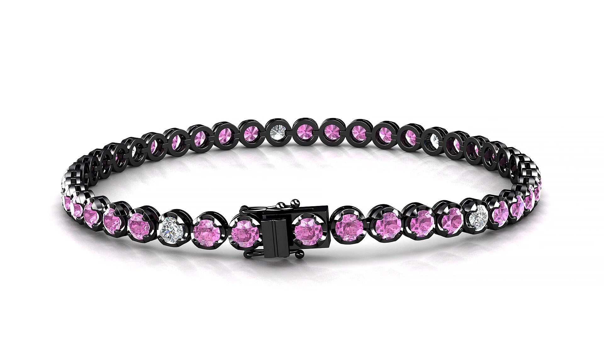 Bengal 5-1 | 18k Black Gold 3 mm Round Natural Pink Sapphire & Diamond 15 cm Tennis Bracelet