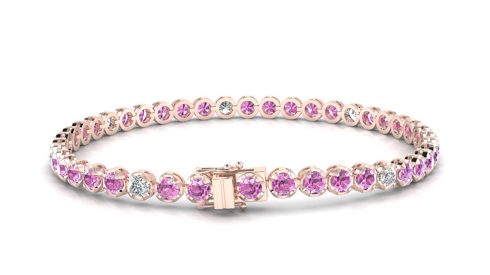 Bengal 5-1 | 18k Rose Gold 3 mm Round Natural Pink Sapphire & Diamond 15 cm Tennis Bracelet
