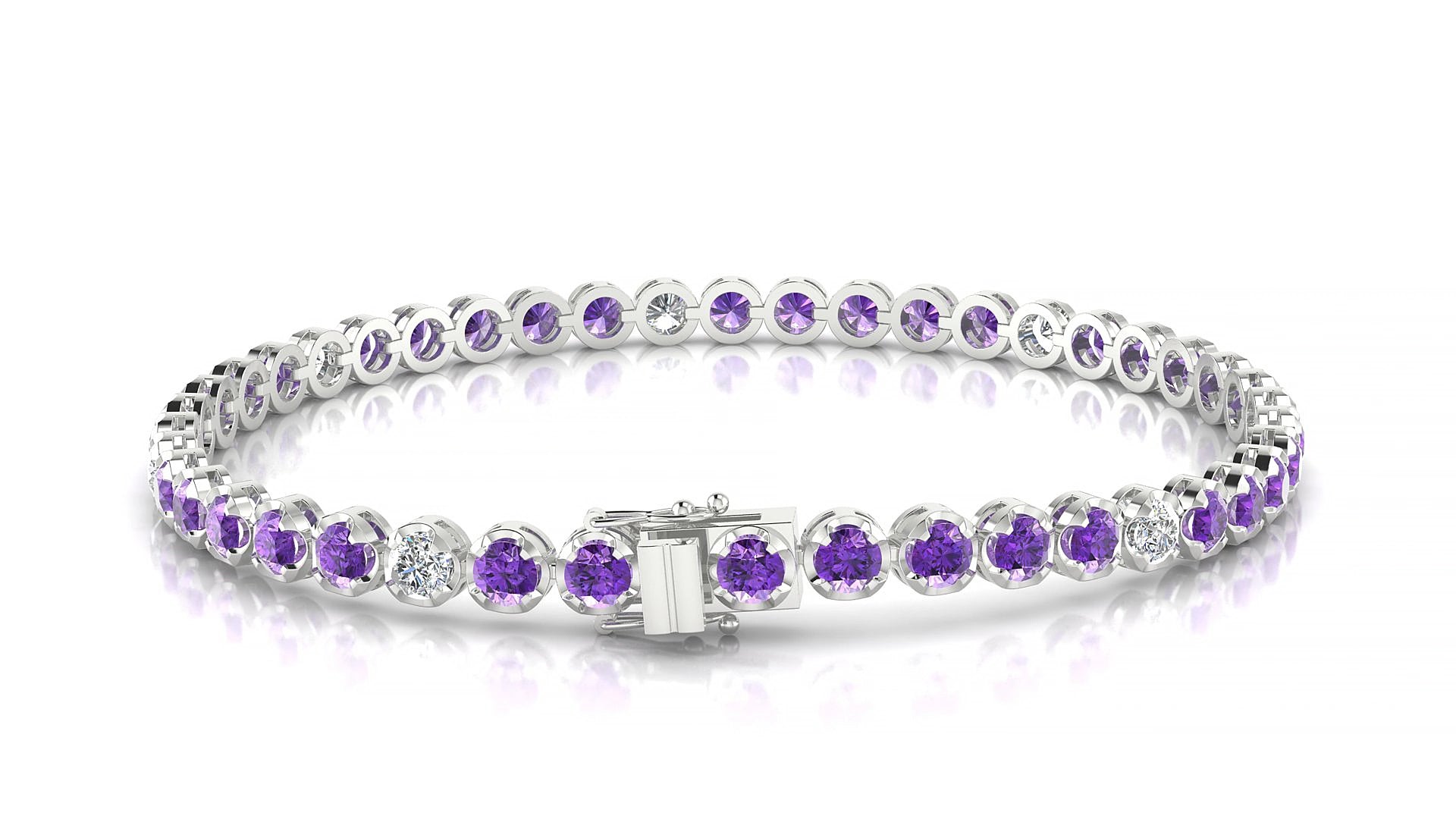 Bengal 5-1 | 18k White Gold 3 mm Round Natural Amethyst & Diamond 19 cm Tennis Bracelet