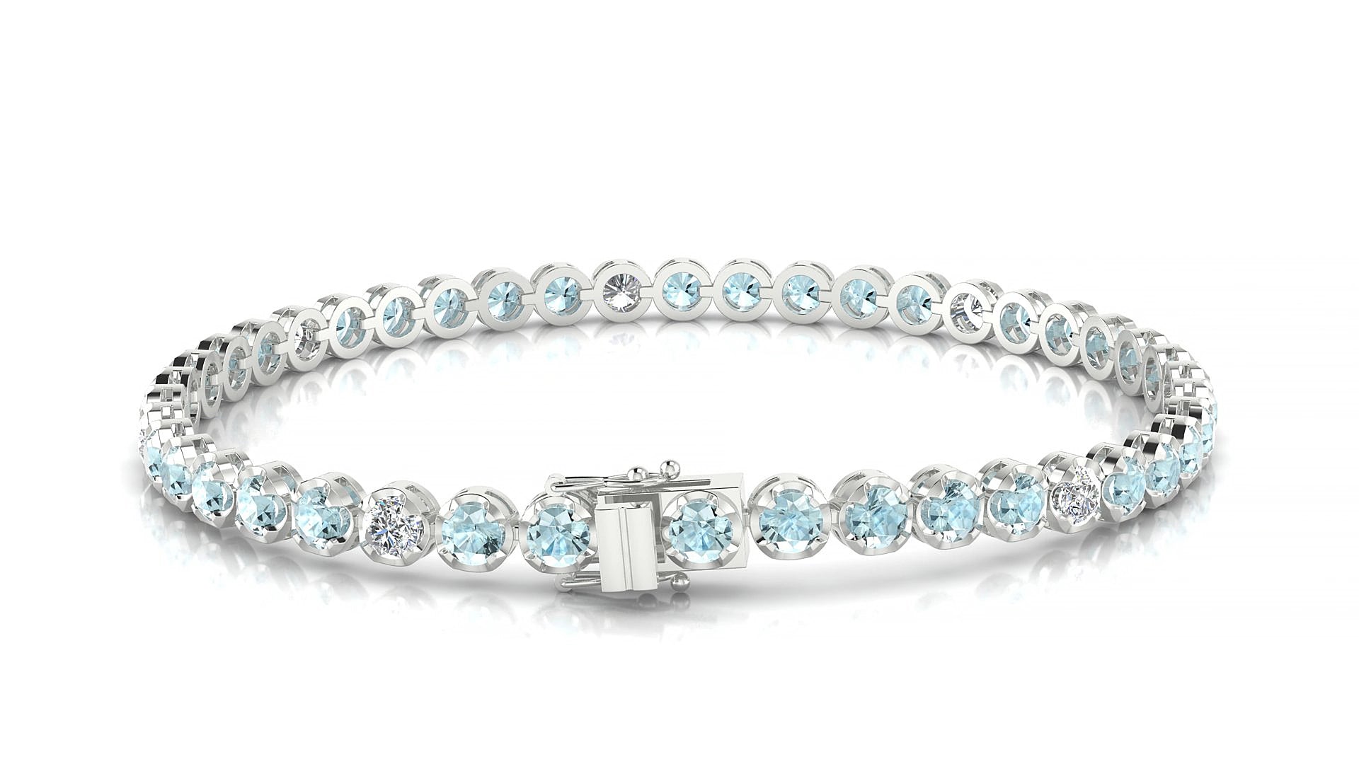 Bengal 5-1 | 18k White Gold 3 mm Round Natural Aquamarine & Diamond 15 cm Tennis Bracelet