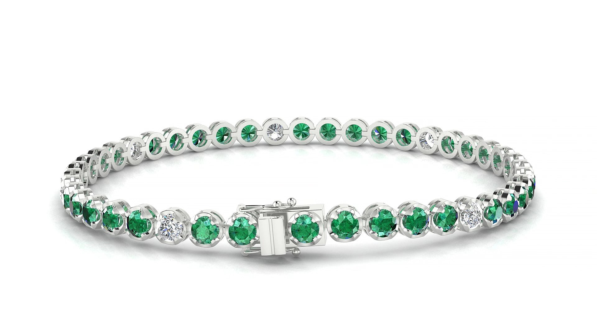 Bengal 5-1 | 18k White Gold 3 mm Round Natural Emerald & Diamond 15 cm Tennis Bracelet