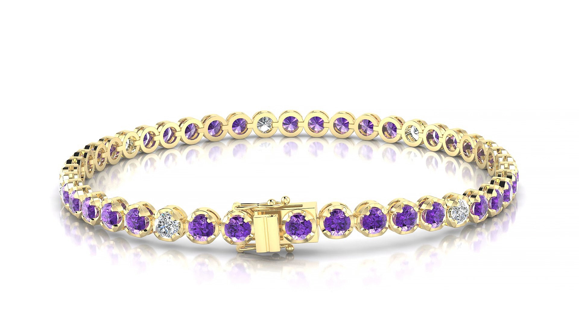 Bengal 5-1 | 18k Yellow Gold 3 mm Round Natural Amethyst & Diamond 15 cm Tennis Bracelet