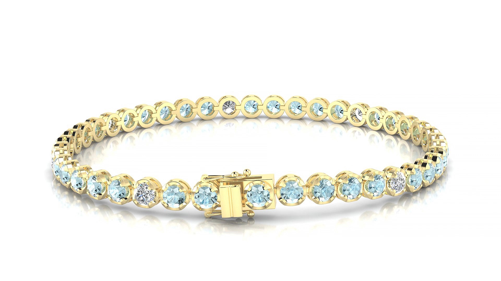 Bengal 5-1 | 18k Yellow Gold 3 mm Round Natural Aquamarine & Diamond 18 cm Tennis Bracelet