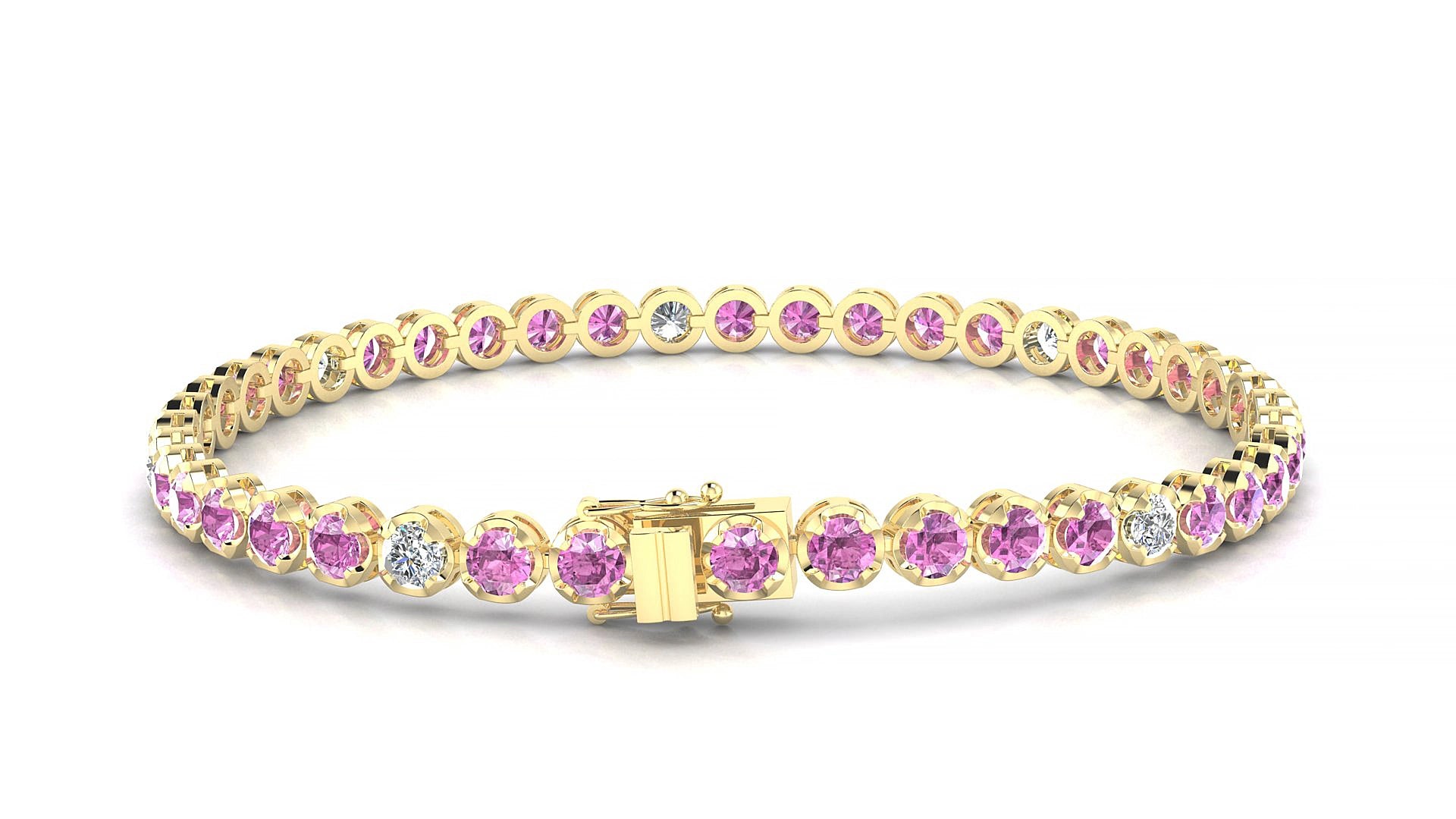 Bengal 5-1 | 18k Yellow Gold 3 mm Round Natural Pink Sapphire & Diamond 19 cm Tennis Bracelet