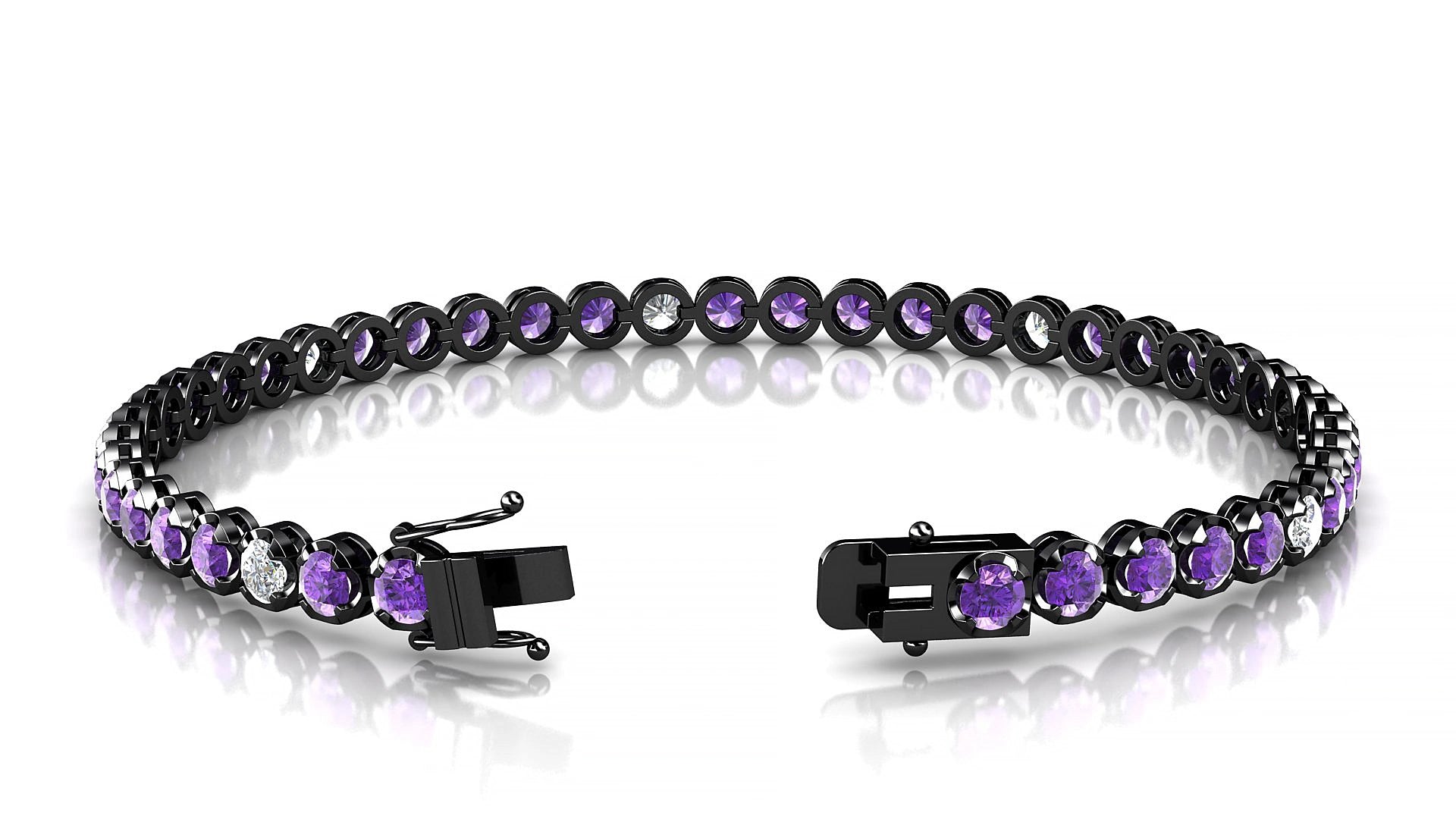 Bengal 5-1 | 18k Black Gold 3 mm Round Natural Amethyst & Diamond 19 cm Tennis Bracelet