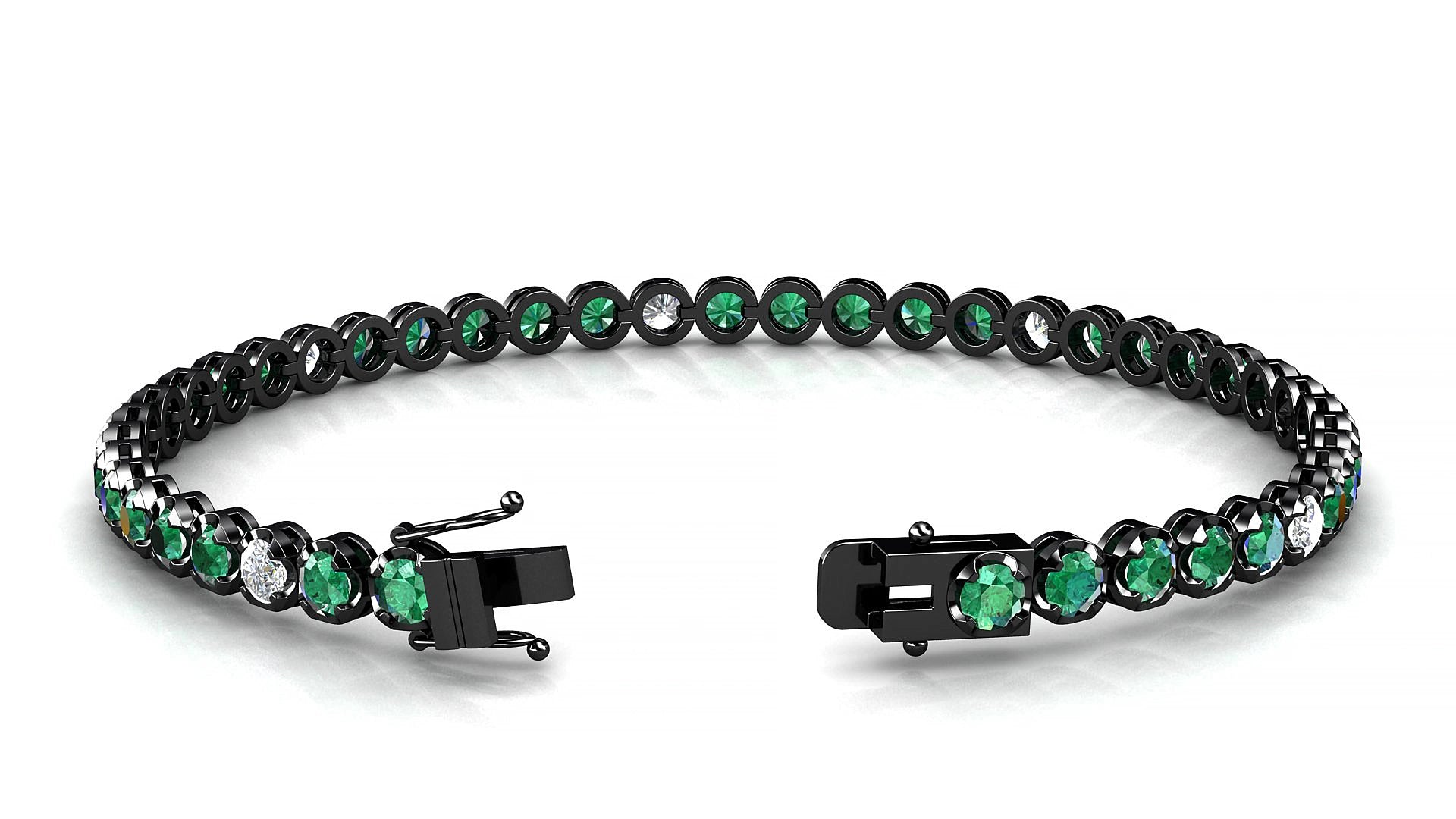 Bengal 5-1 | 18k Black Gold 3 mm Round Natural Emerald & Diamond 15 cm Tennis Bracelet