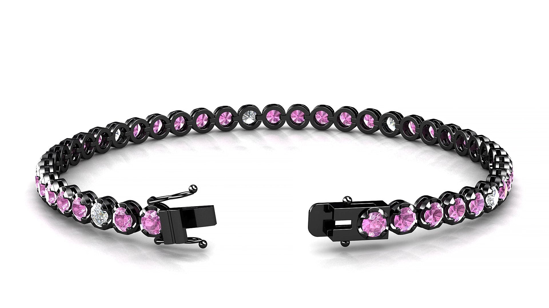 Bengal 5-1 | 18k Black Gold 3 mm Round Natural Pink Sapphire & Diamond 19 cm Tennis Bracelet